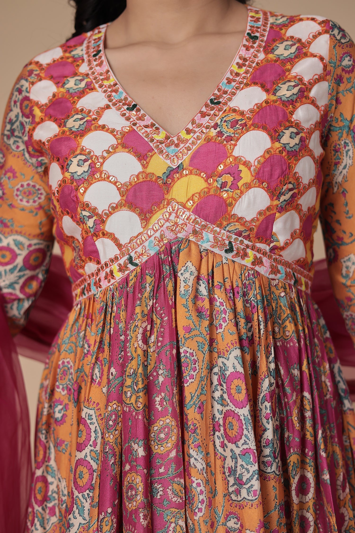 Printed Floor Length Silk Gown with Thread work