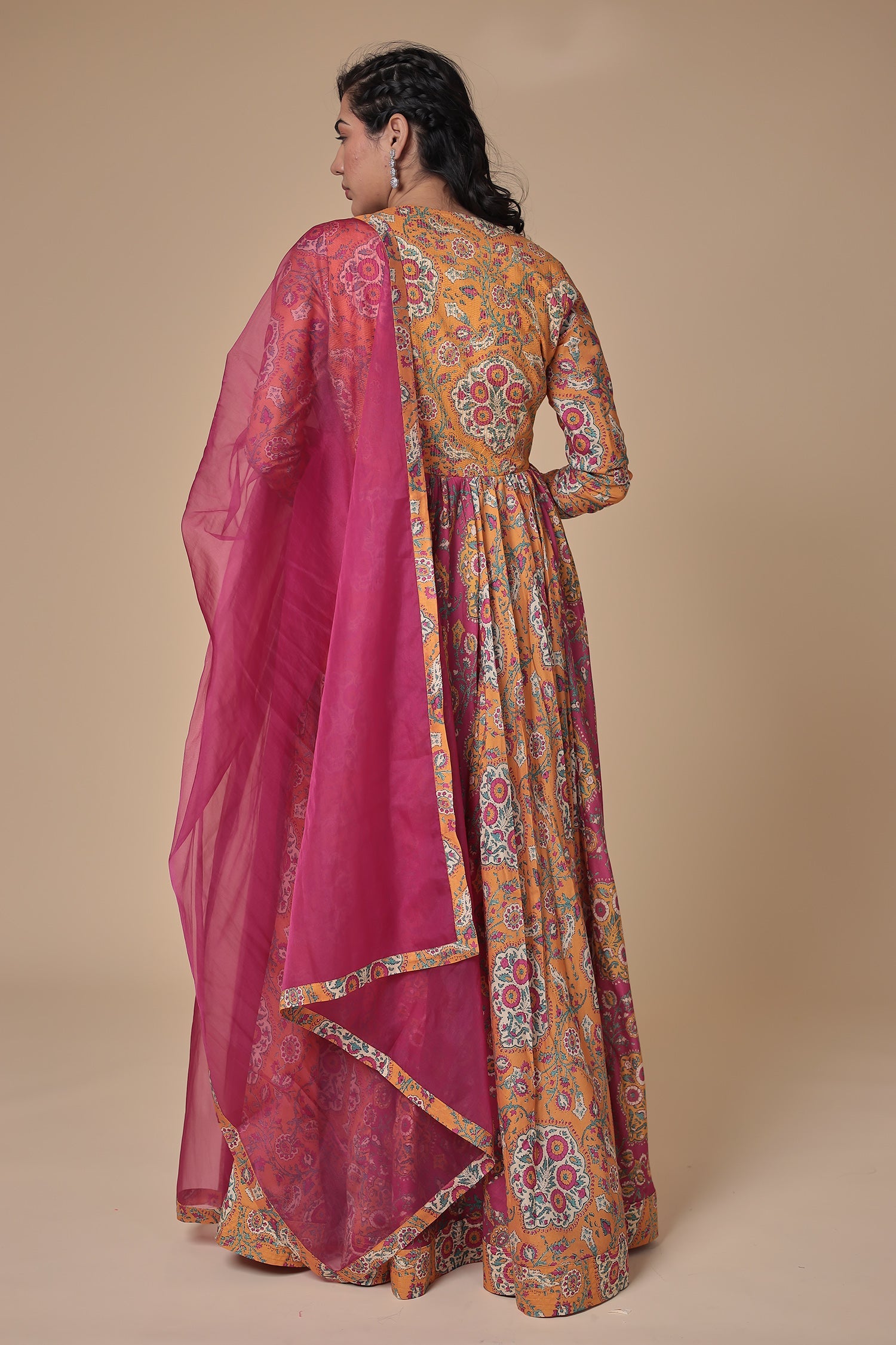 Printed Floor Length Silk Gown with Thread work