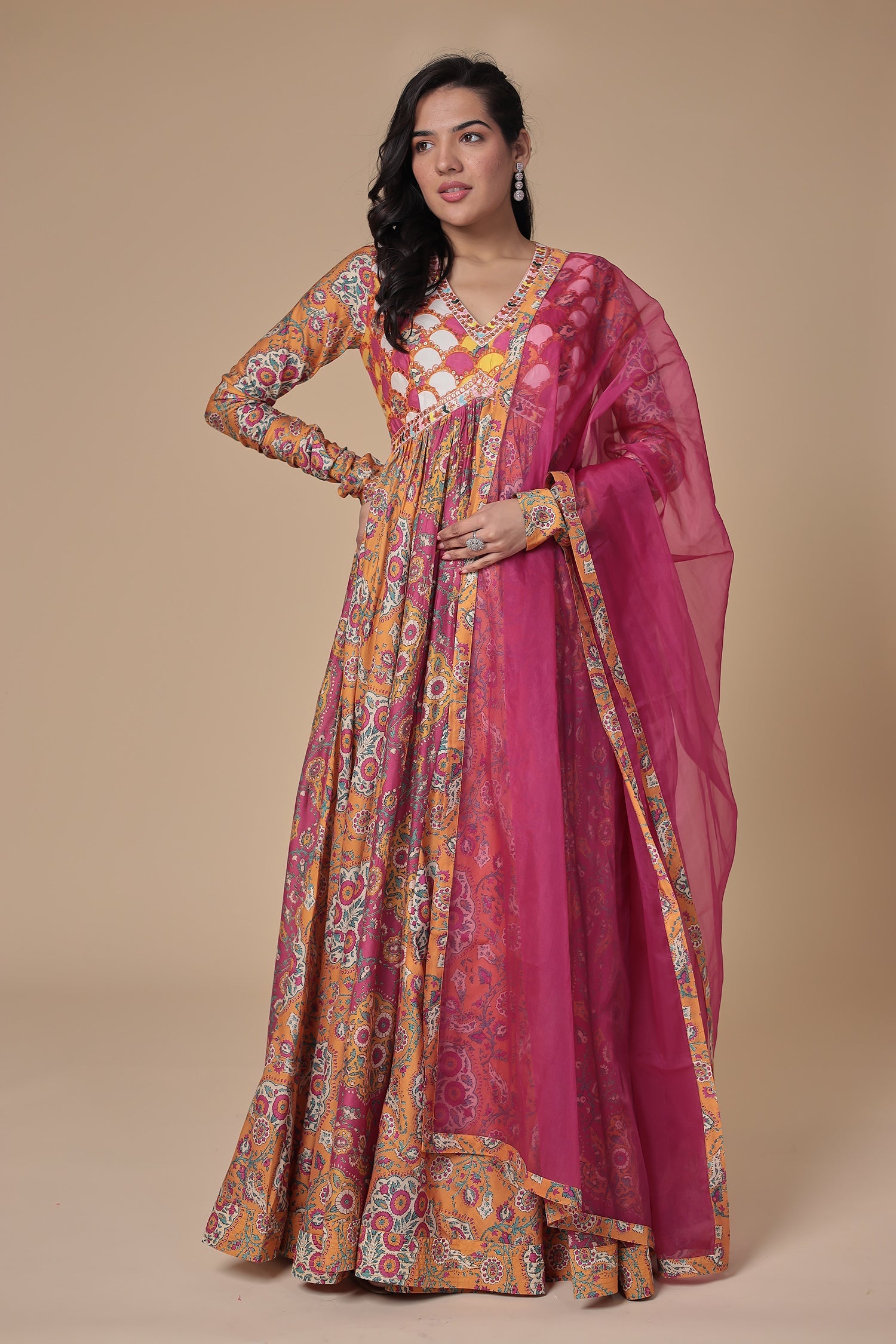 Printed Floor Length Silk Gown with Thread work