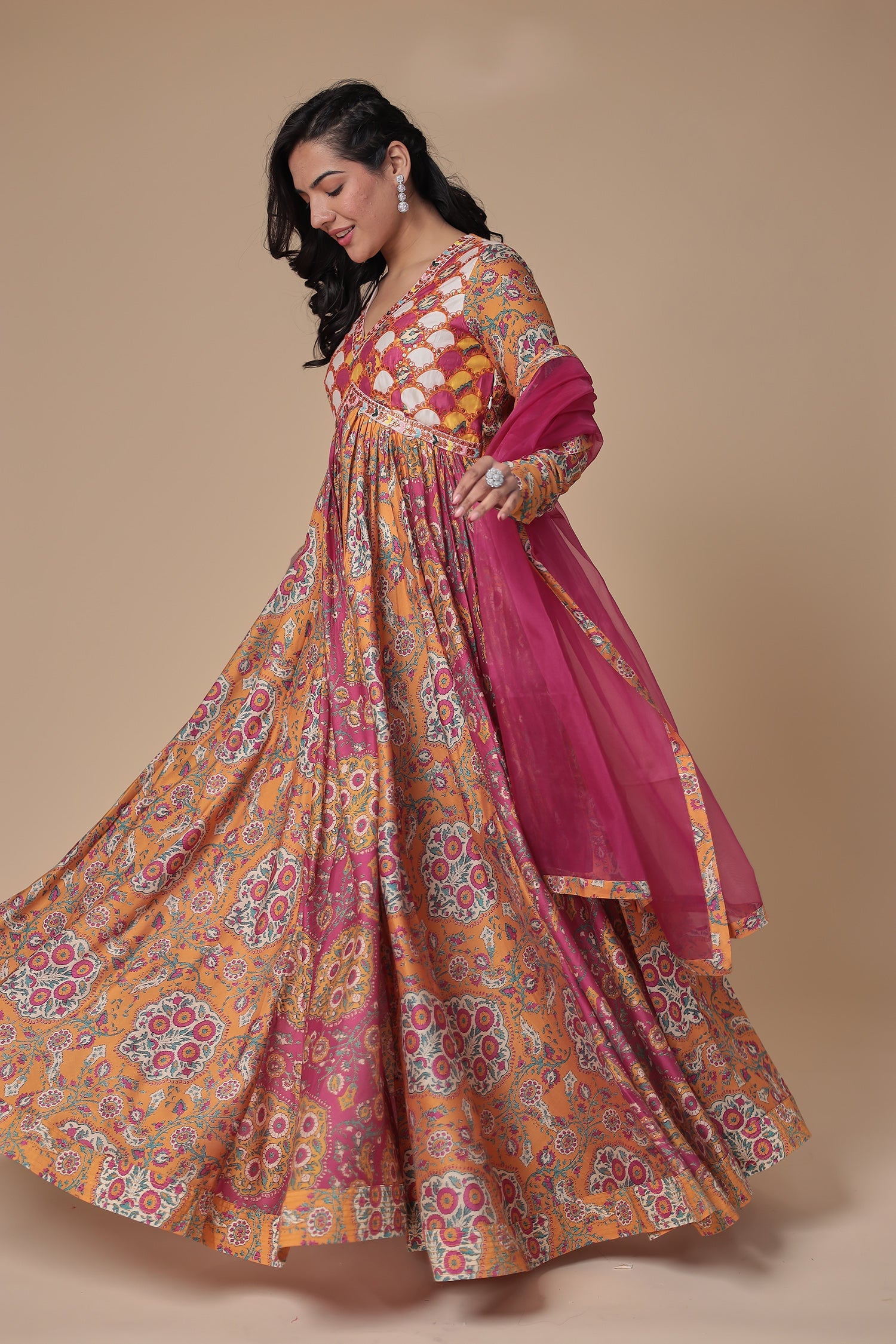 Printed Floor Length Silk Gown with Thread work