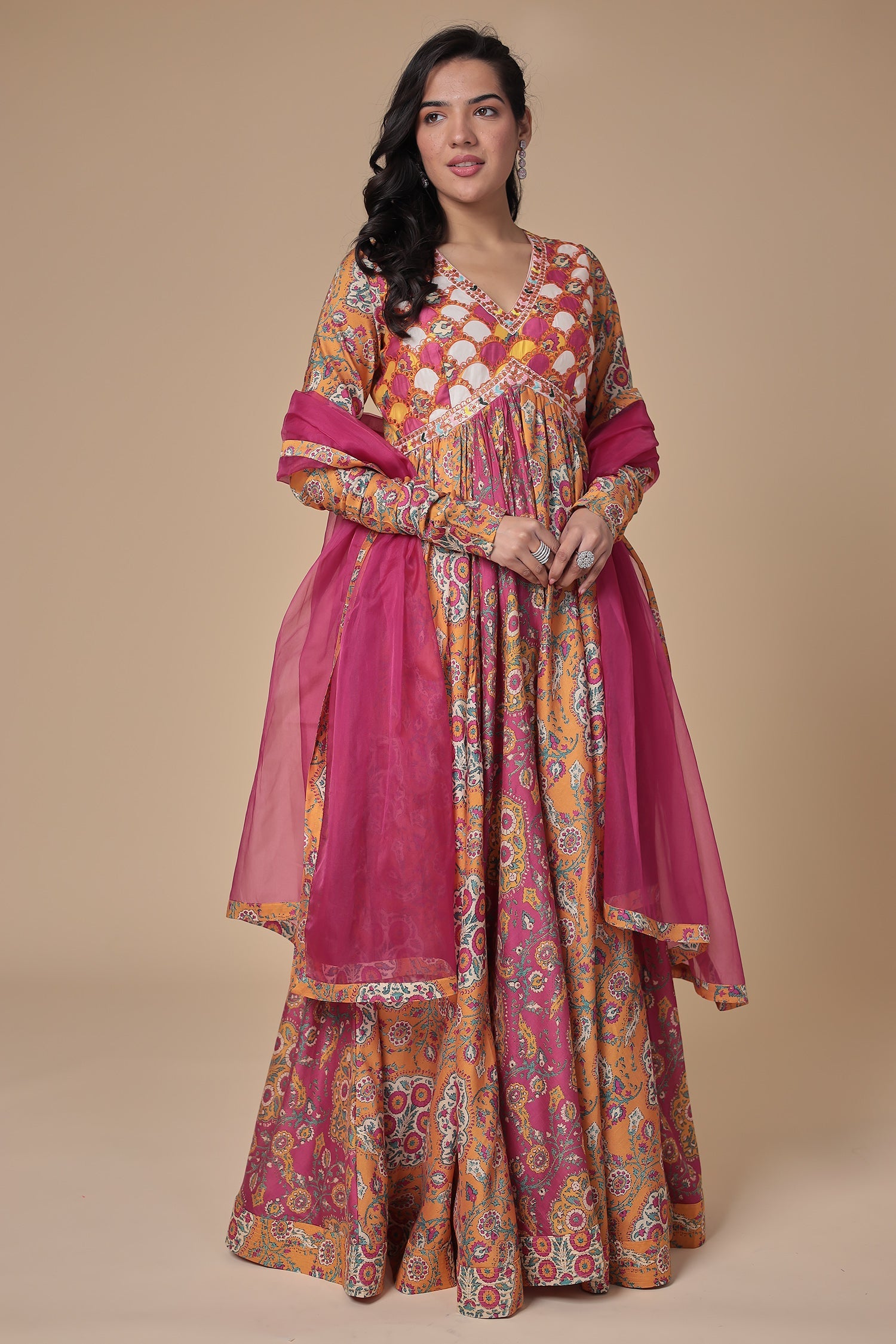 Printed Floor Length Silk Gown with Thread work