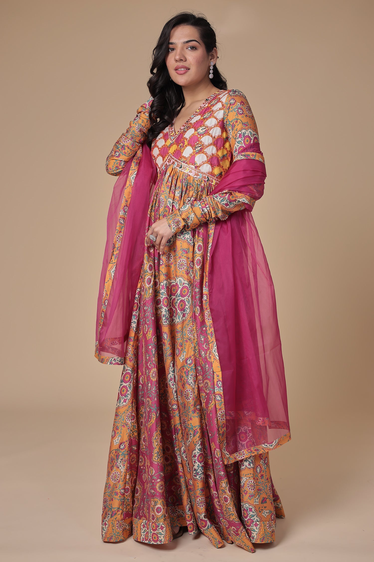 Printed Floor Length Silk Gown with Thread work