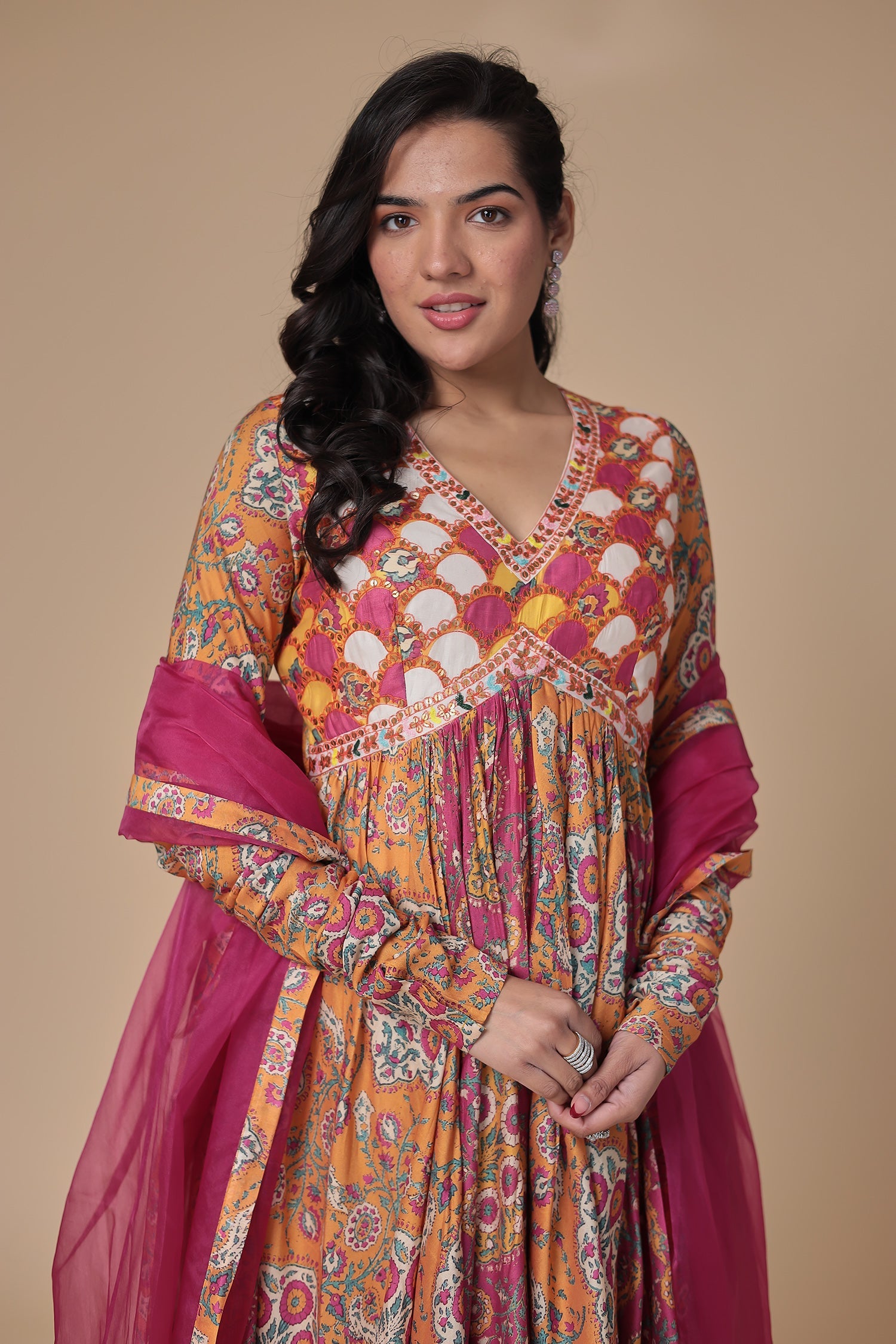 Printed Floor Length Silk Gown with Thread work