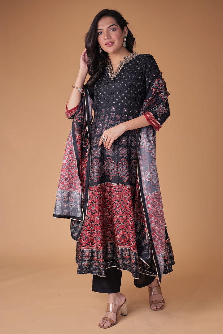 Black Printed Anarkali Silk Suit with Zardozi work