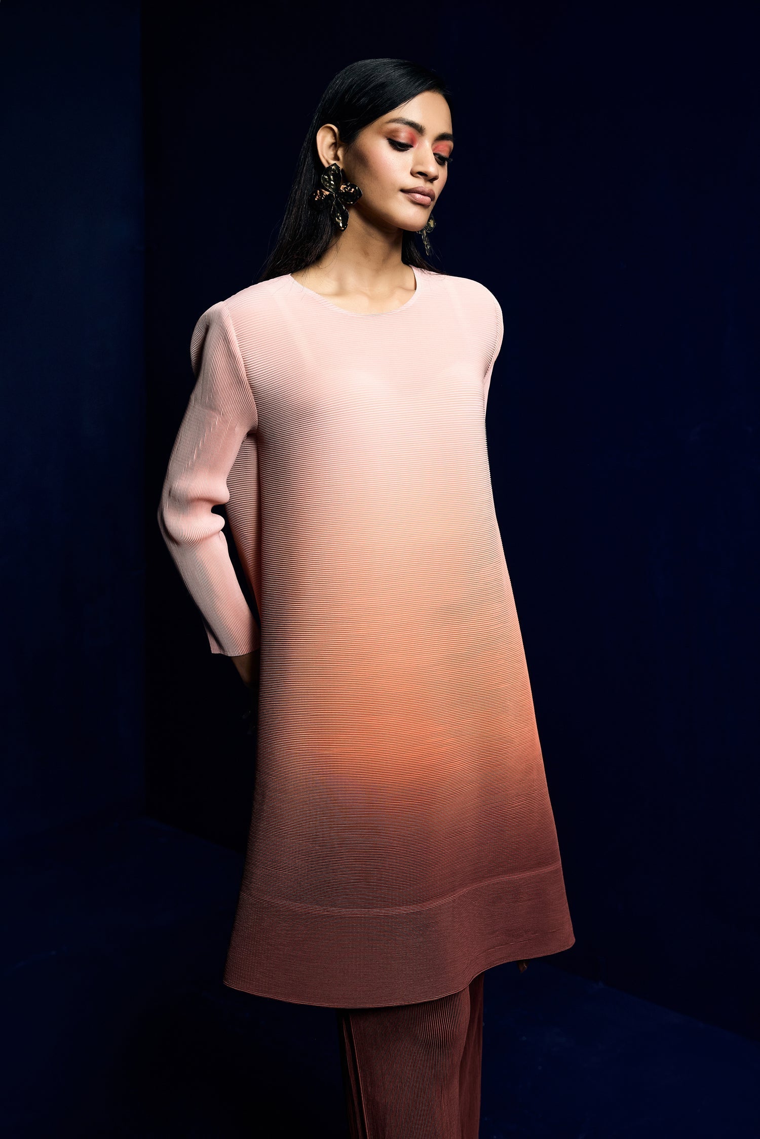 Peach to Brown Ombre Pleated Co Ords Set