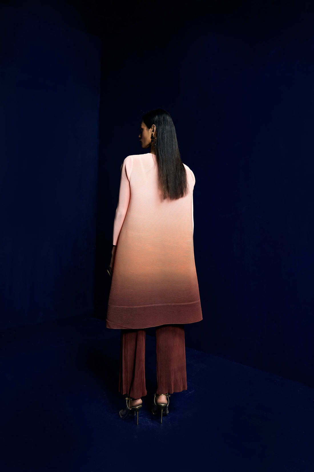 Peach to Brown Ombre Pleated Co Ords Set