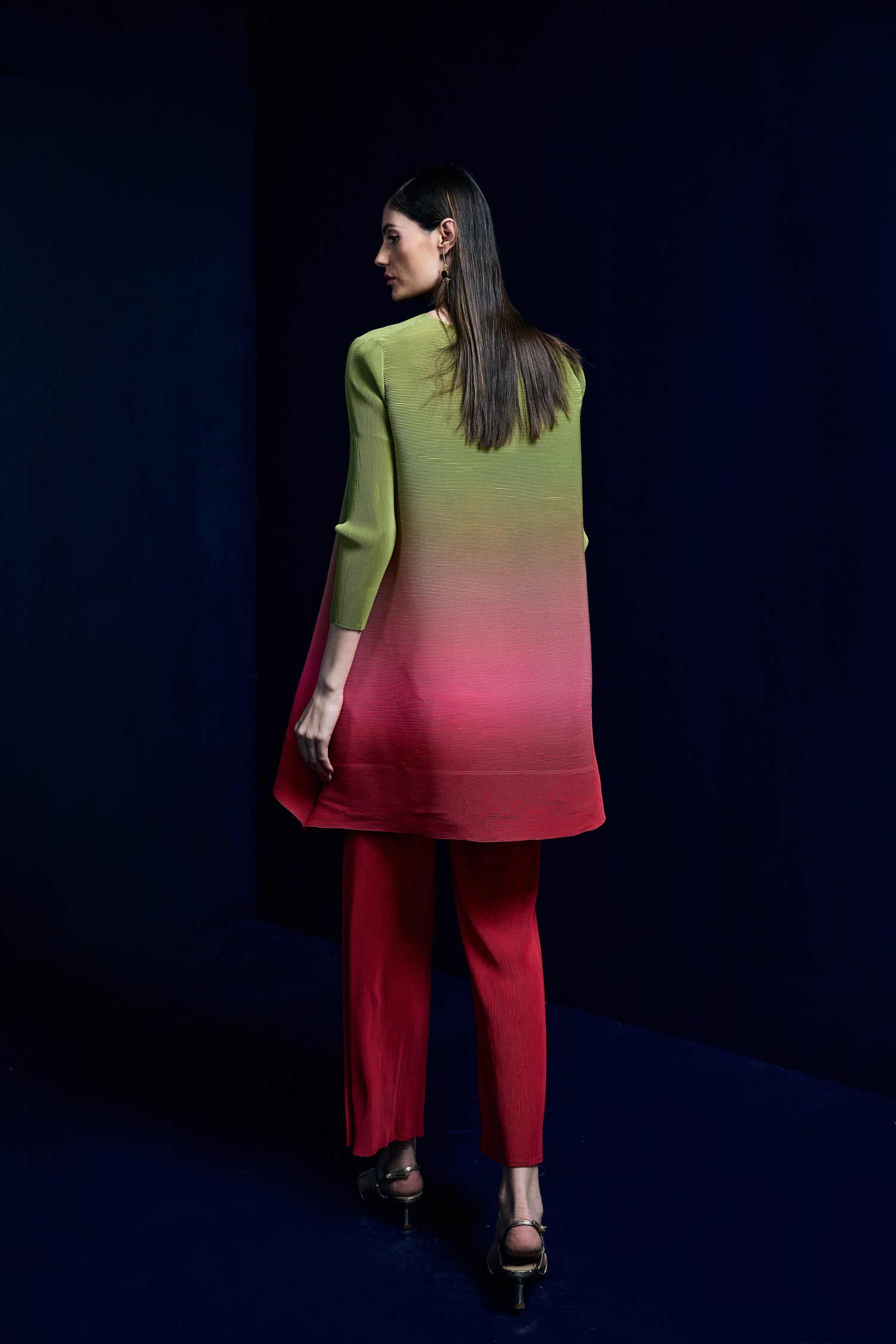 Green to Pink Ombre Pleated Co Ords Set