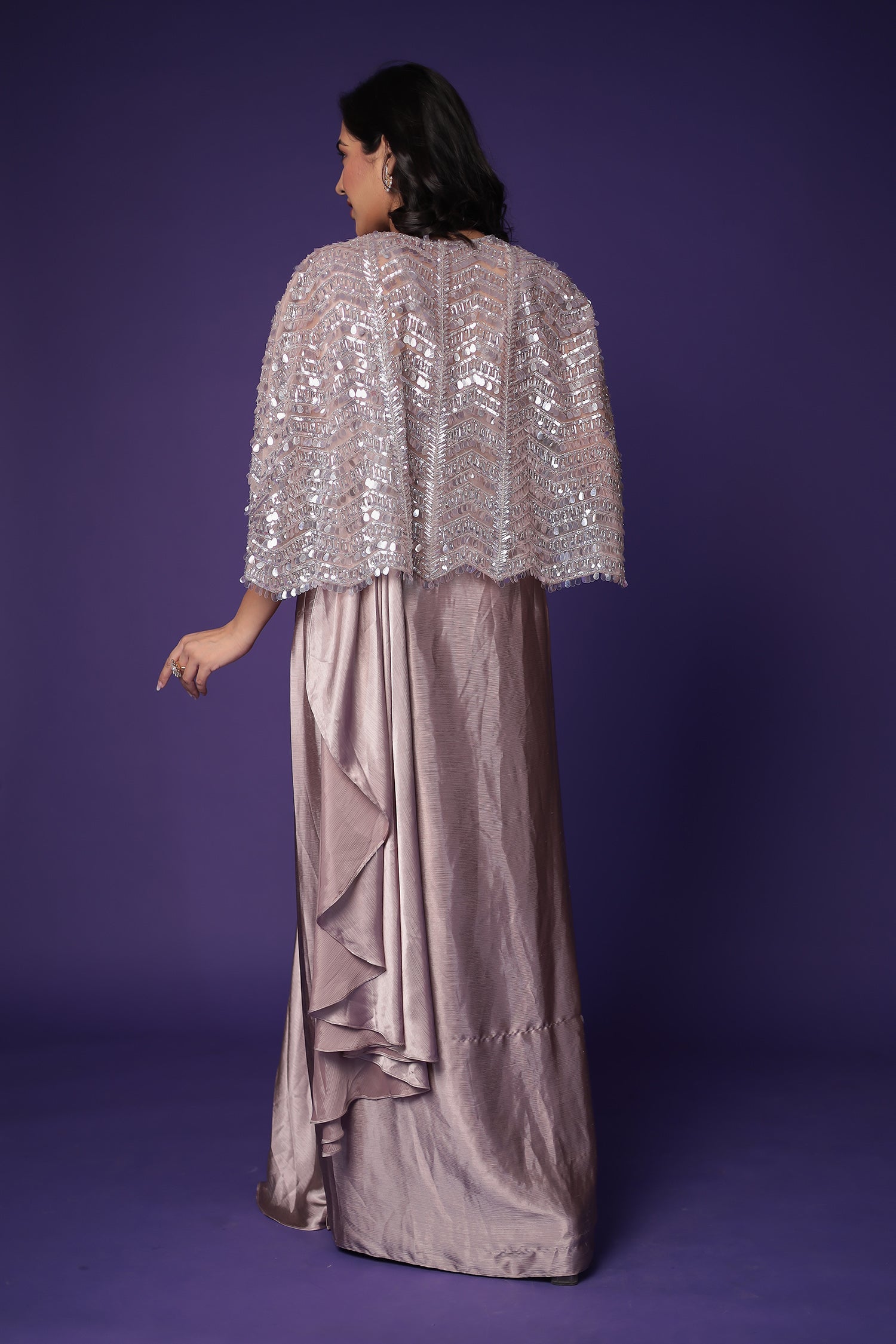 Silk Pleated Stitched Drape Saree with Embellished Cape