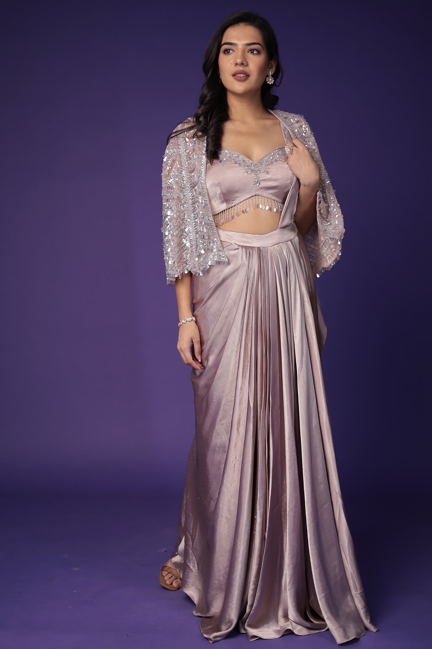 Silk Pleated Stitched Drape Saree with Embellished Cape