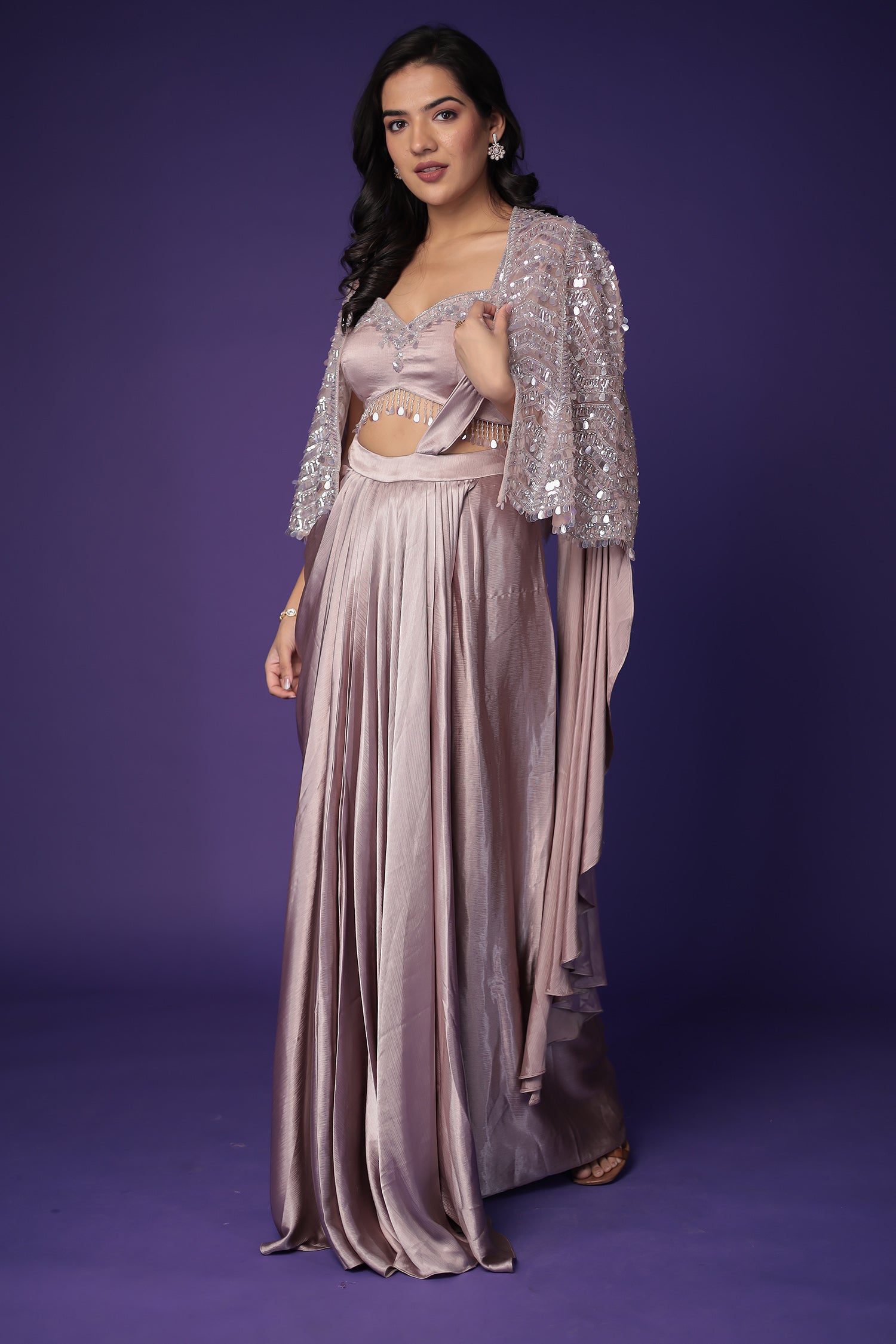 Silk Pleated Stitched Drape Saree with Embellished Cape