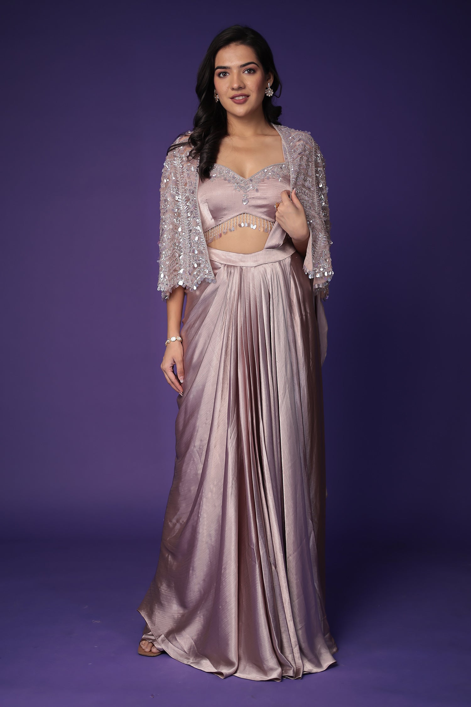 Silk Pleated Stitched Drape Saree with Embellished Cape
