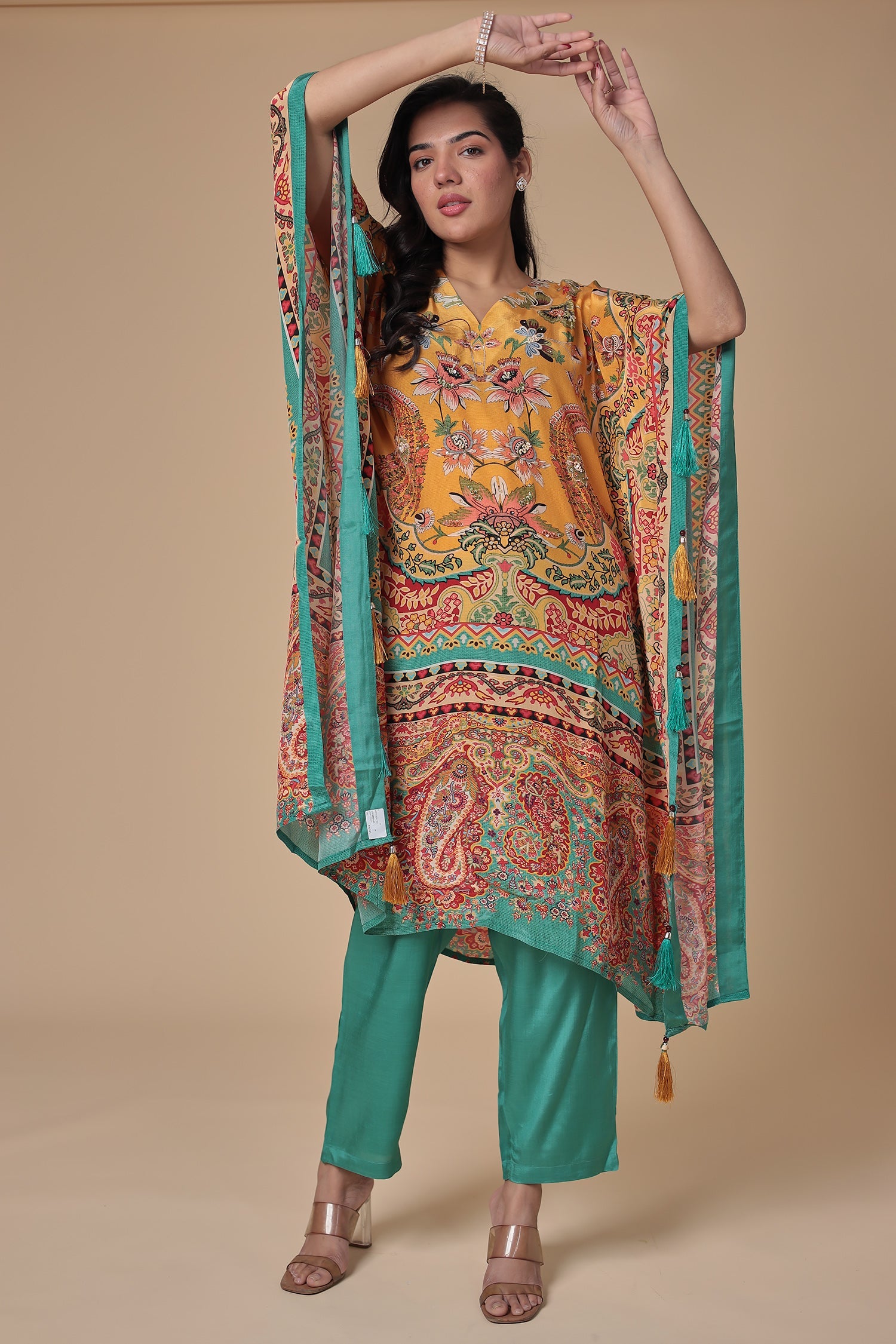 Printed Chinon Kaftan Set with Sequins work