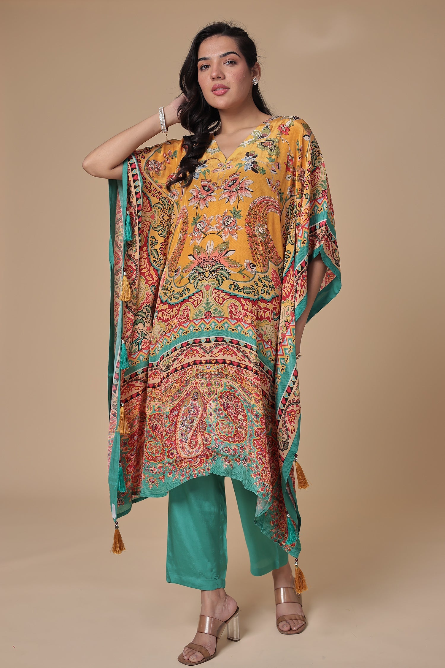 Printed Chinon Kaftan Set with Sequins work
