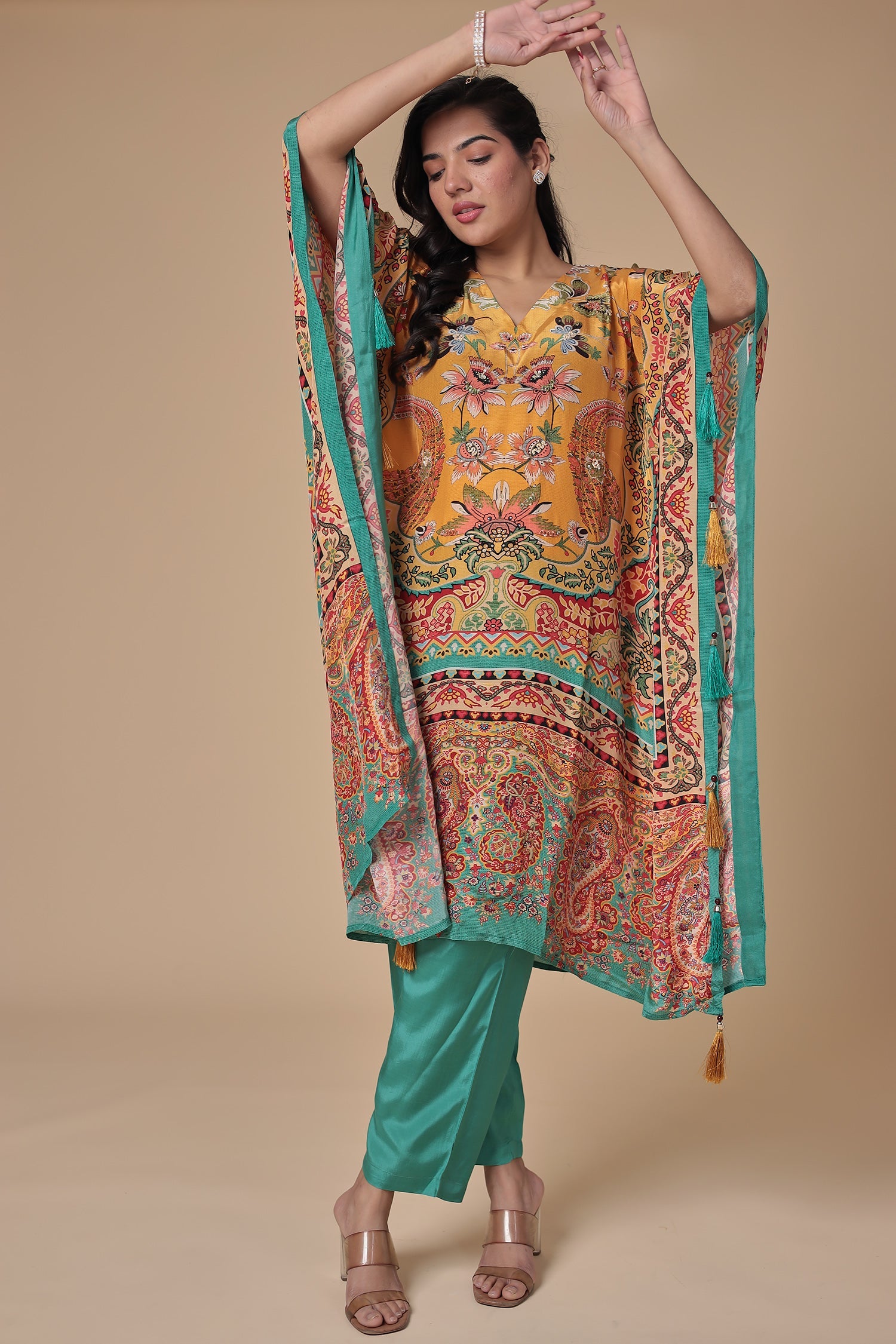 Printed Chinon Kaftan Set with Sequins work