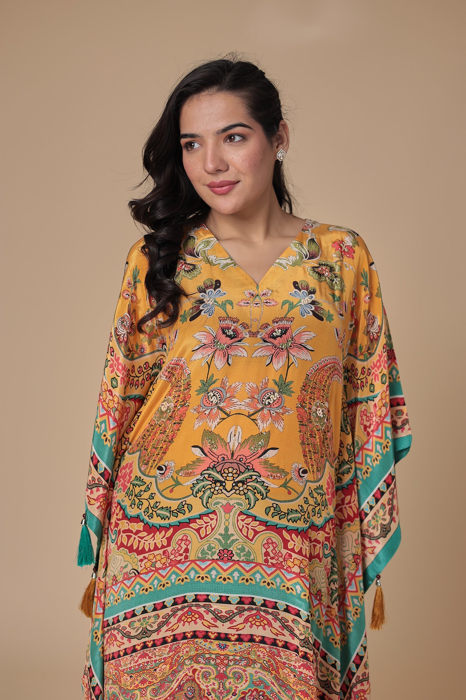 Printed Chinon Kaftan Set with Sequins work