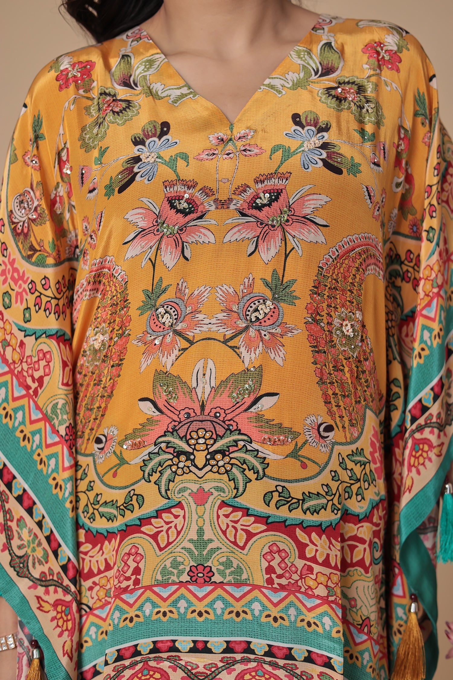 Printed Chinon Kaftan Set with Sequins work
