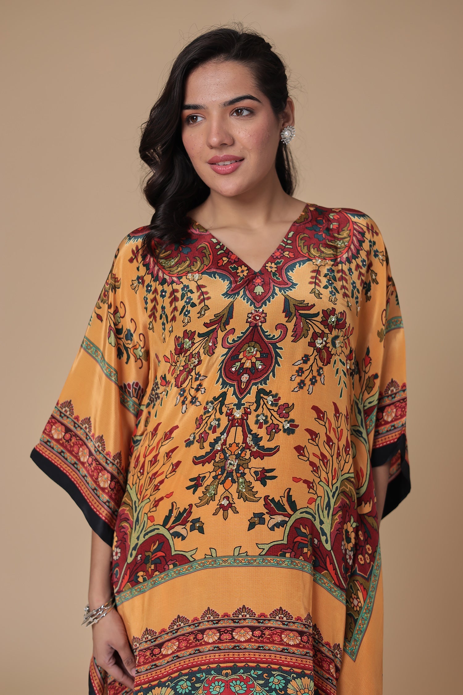 Printed Chinon Kaftan Set with Sequins work