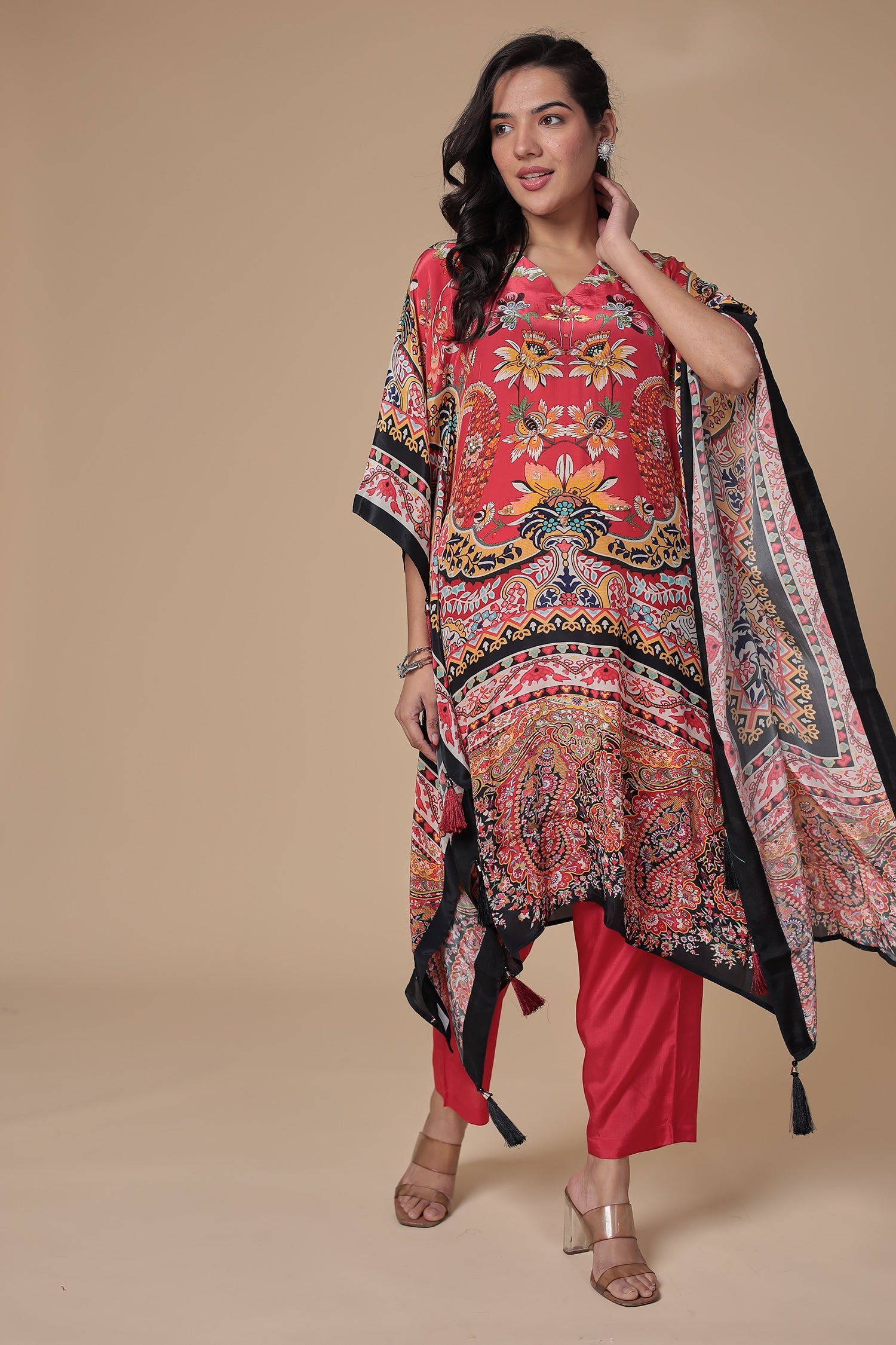 Printed Chinon Kaftan Set with Sequins work