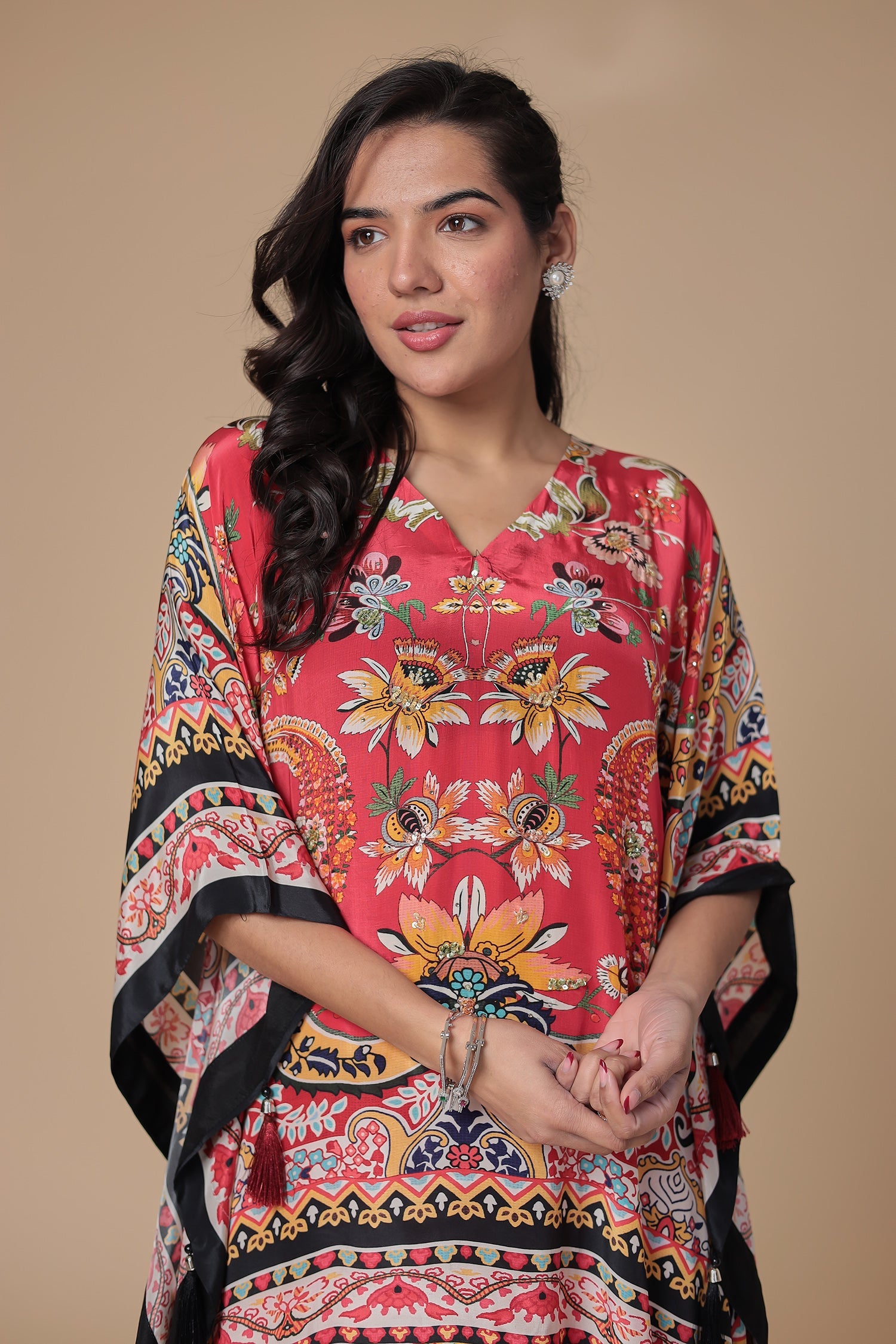 Printed Chinon Kaftan Set with Sequins work