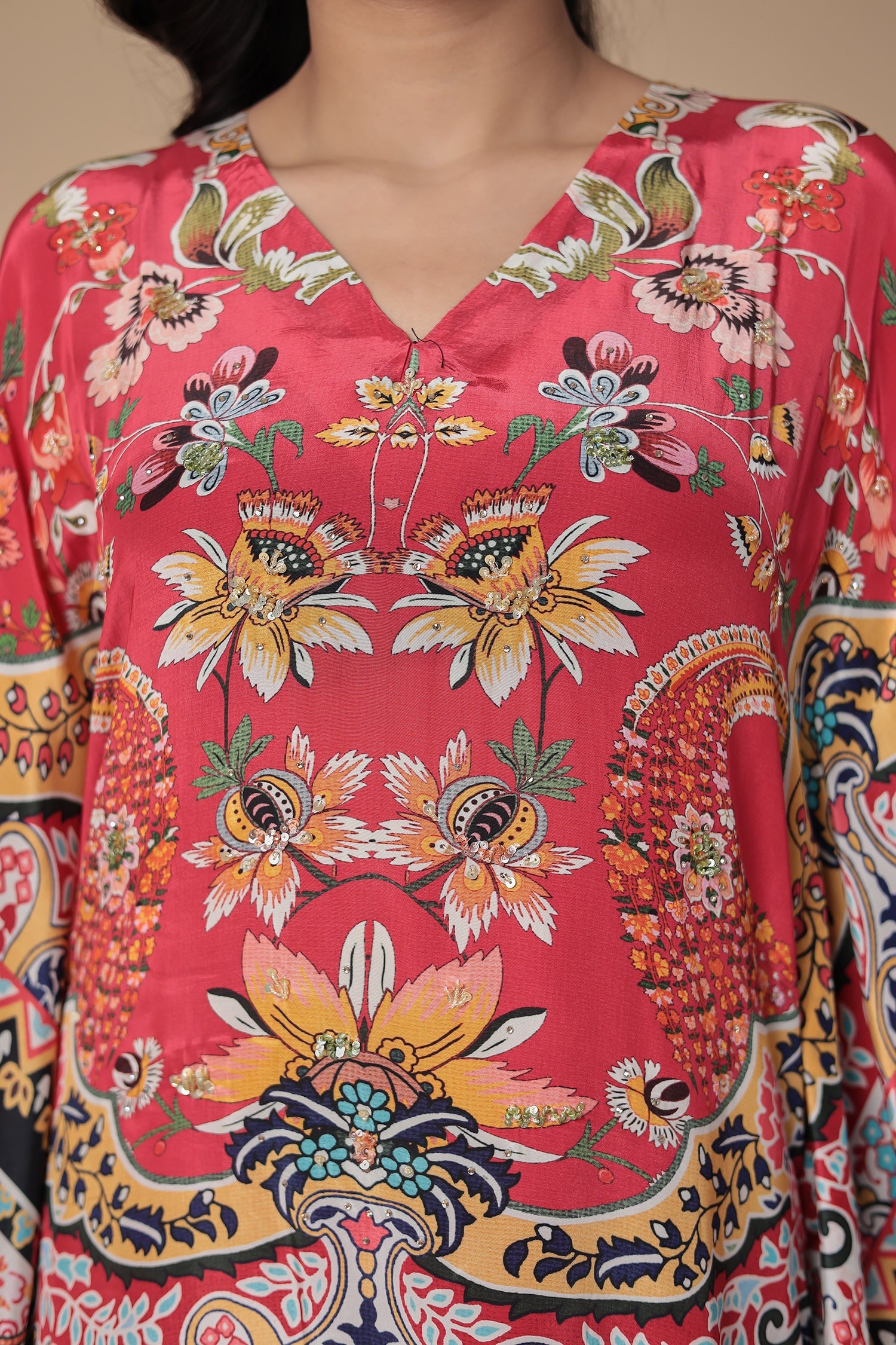 Printed Chinon Kaftan Set with Sequins work