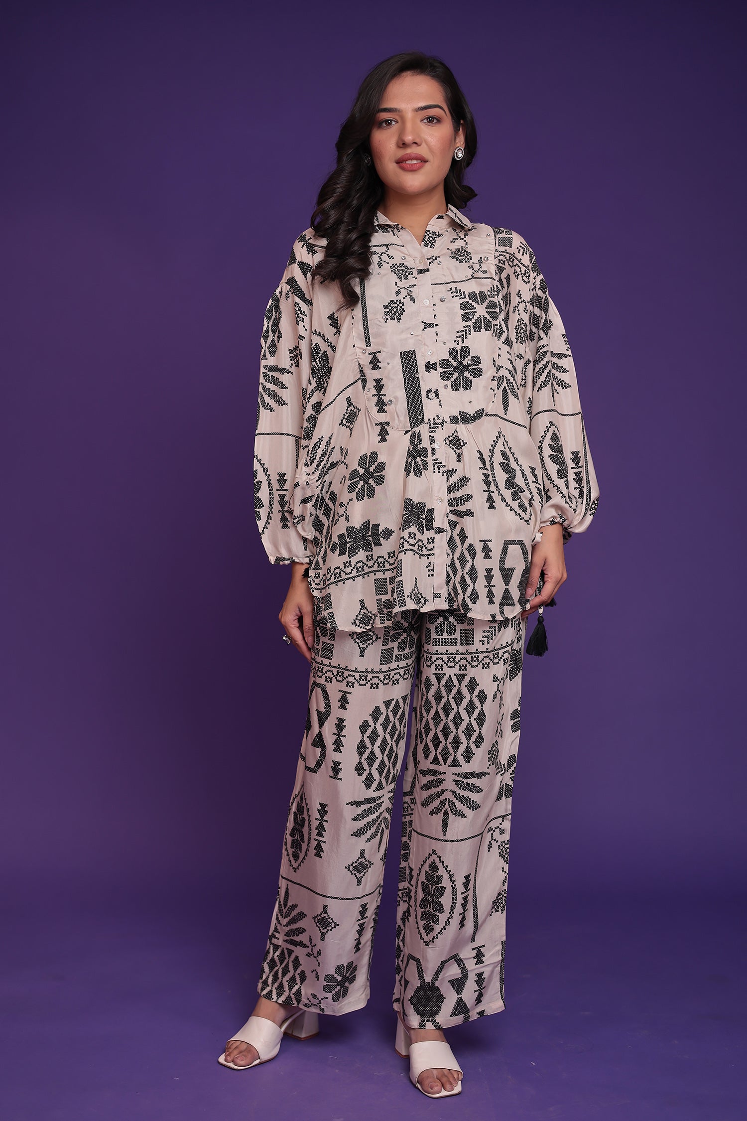 Printed Silk Blend Co Ords Set Embellished with Stone work