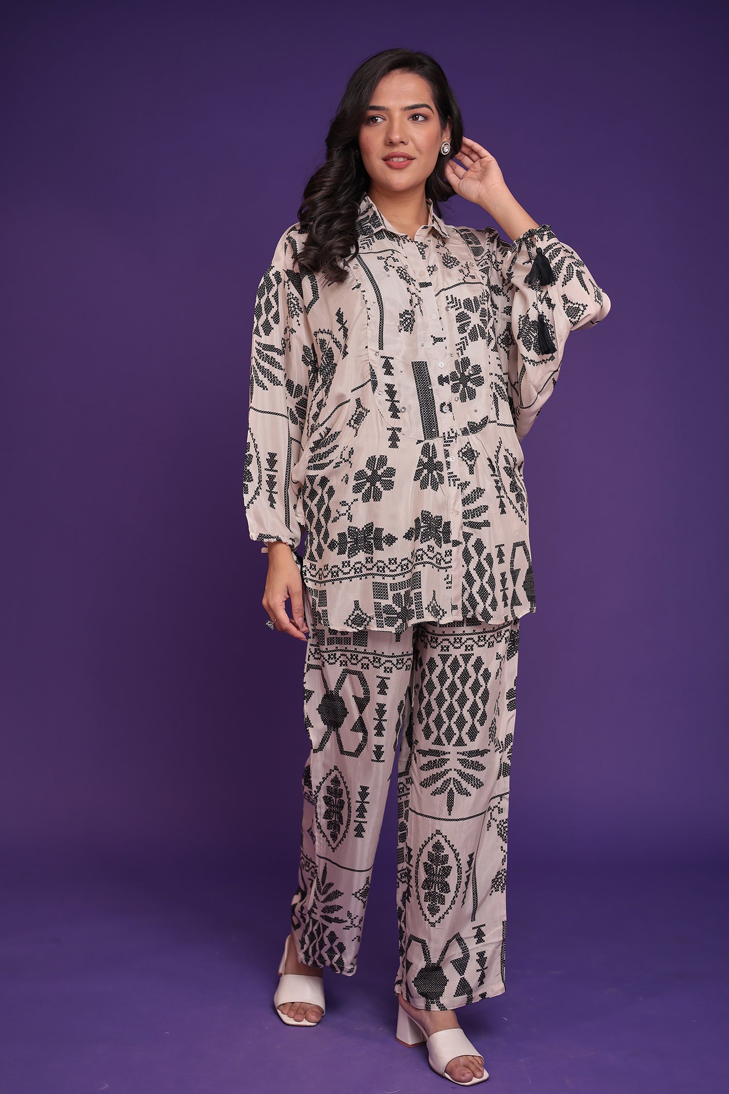 Printed Silk Blend Co Ords Set Embellished with Stone work