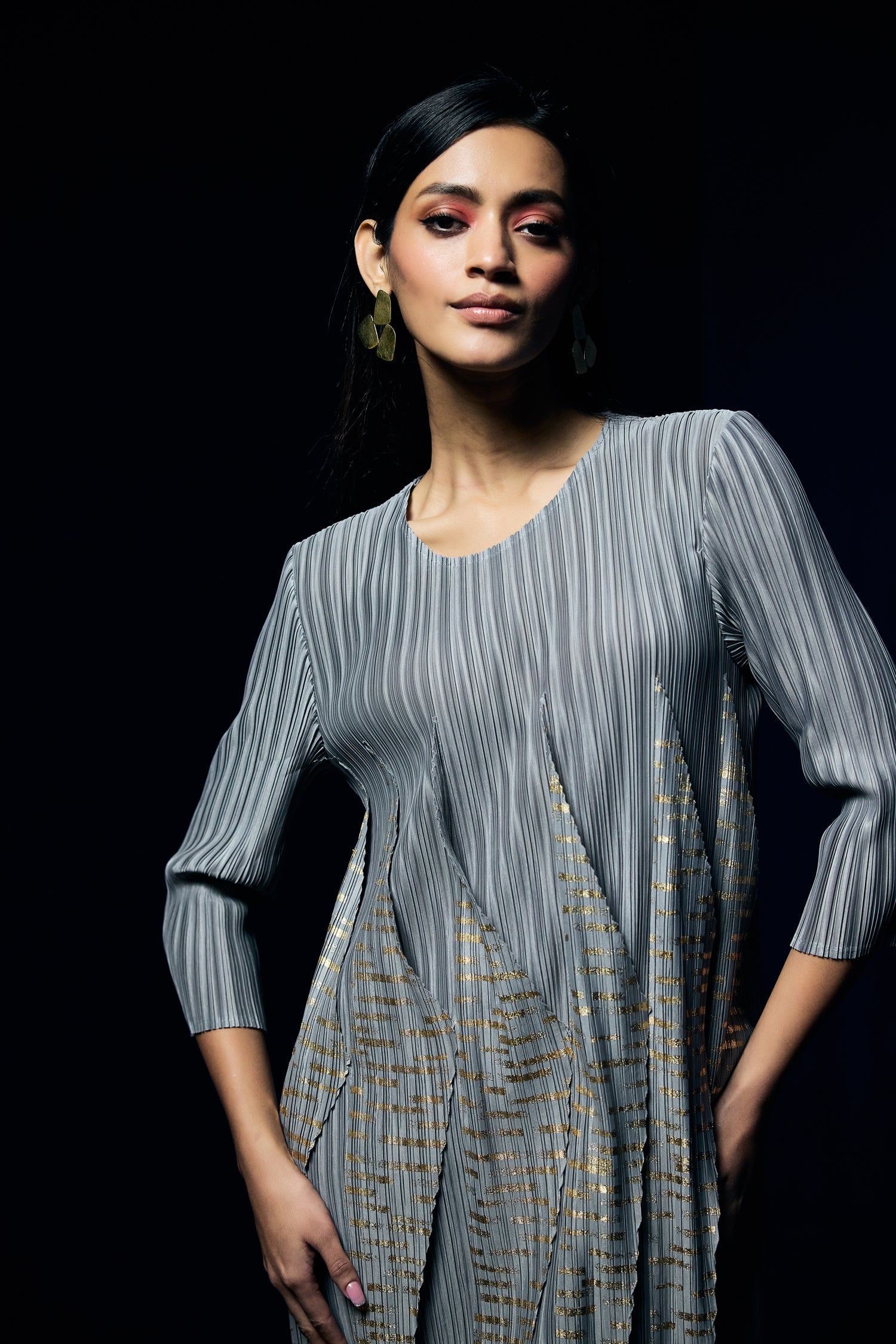 Party Wear Grey Pleated Dress With Foil Print