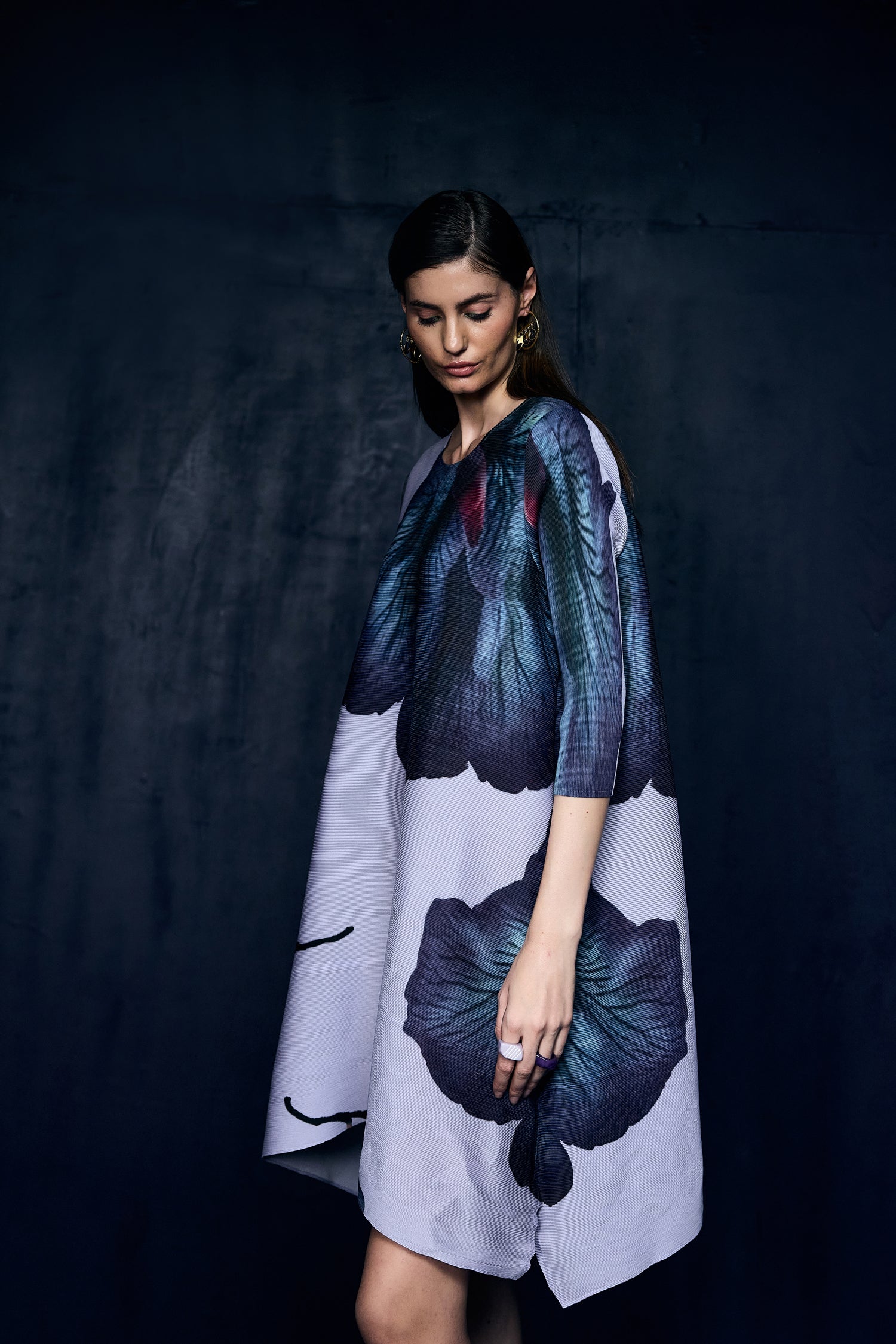 Lilac Color Pleated Dress With Flower Motif