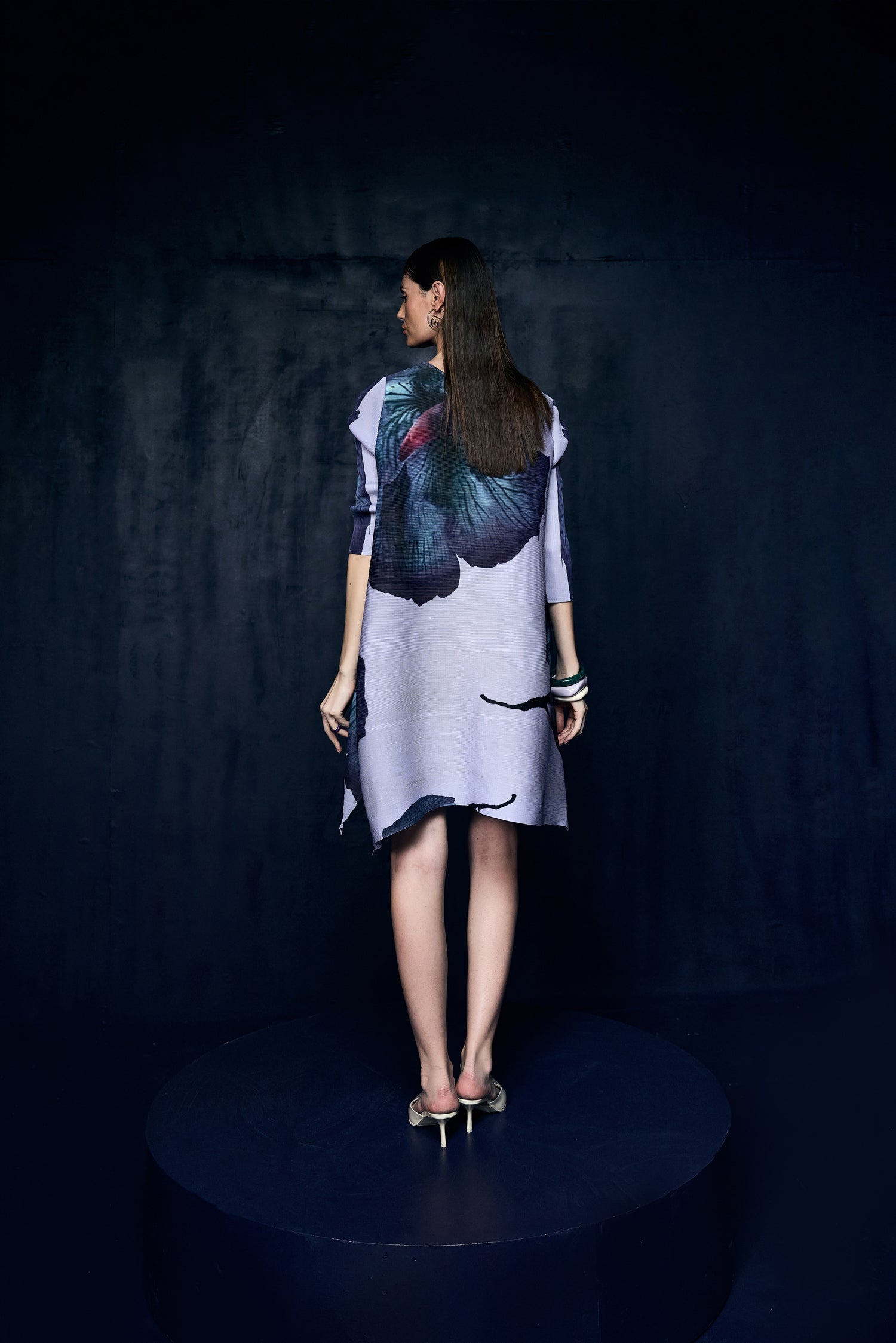 Lilac Color Pleated Dress With Flower Motif