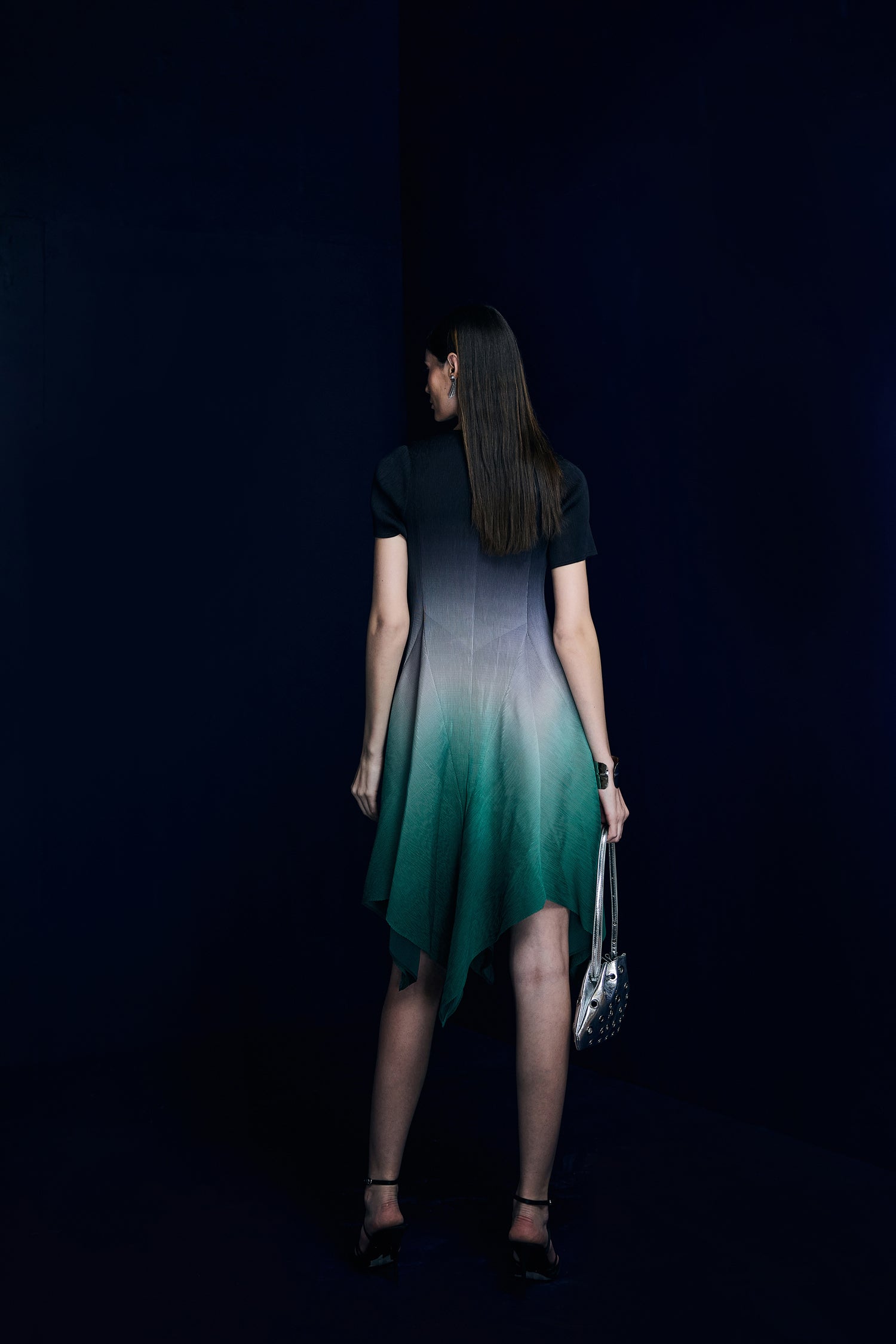 Black To Green Ombre Pleated Dress