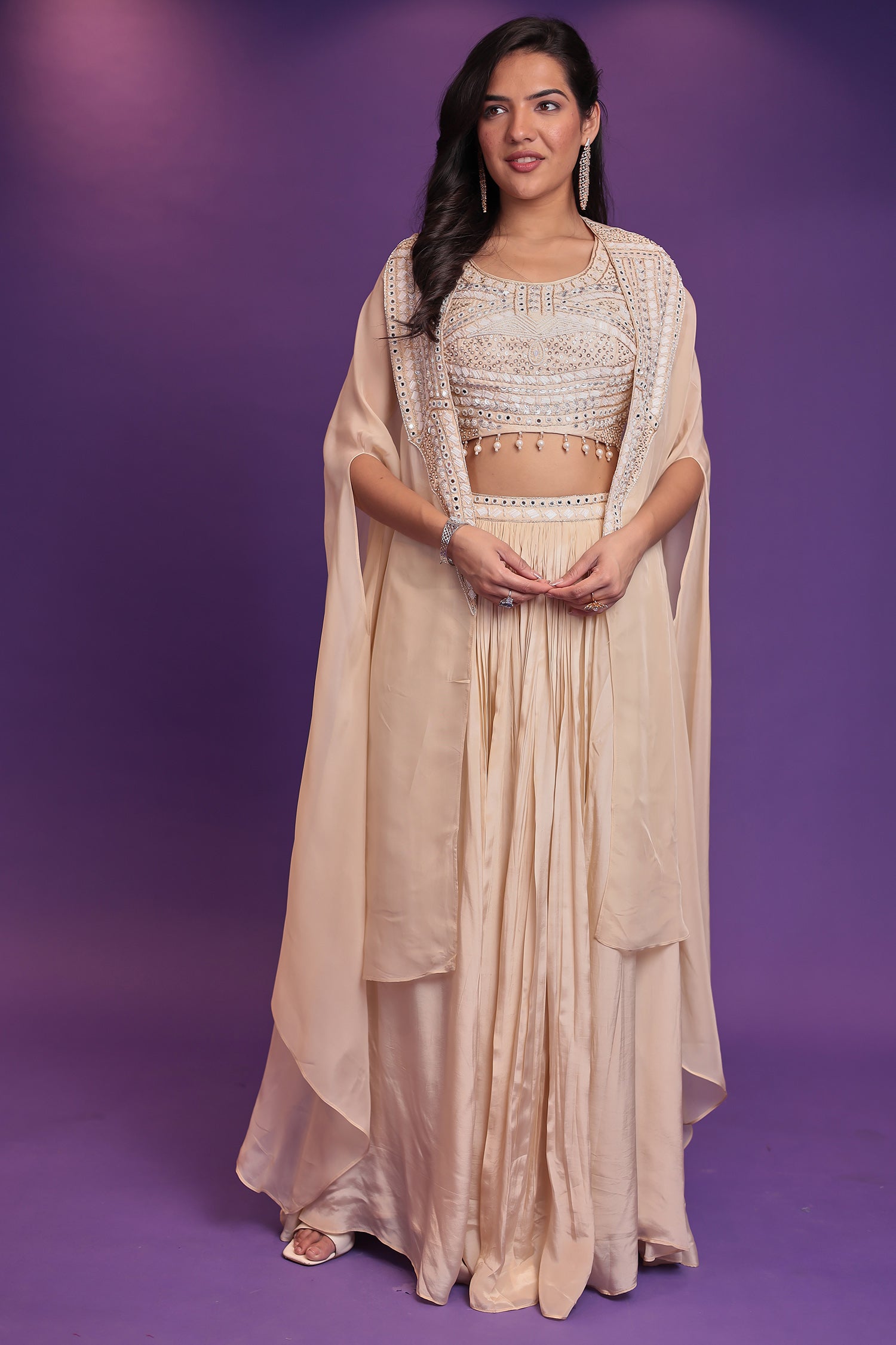 Jacket Style Silk Indo Western Embellished with Mirror, Pearl and Sequins work