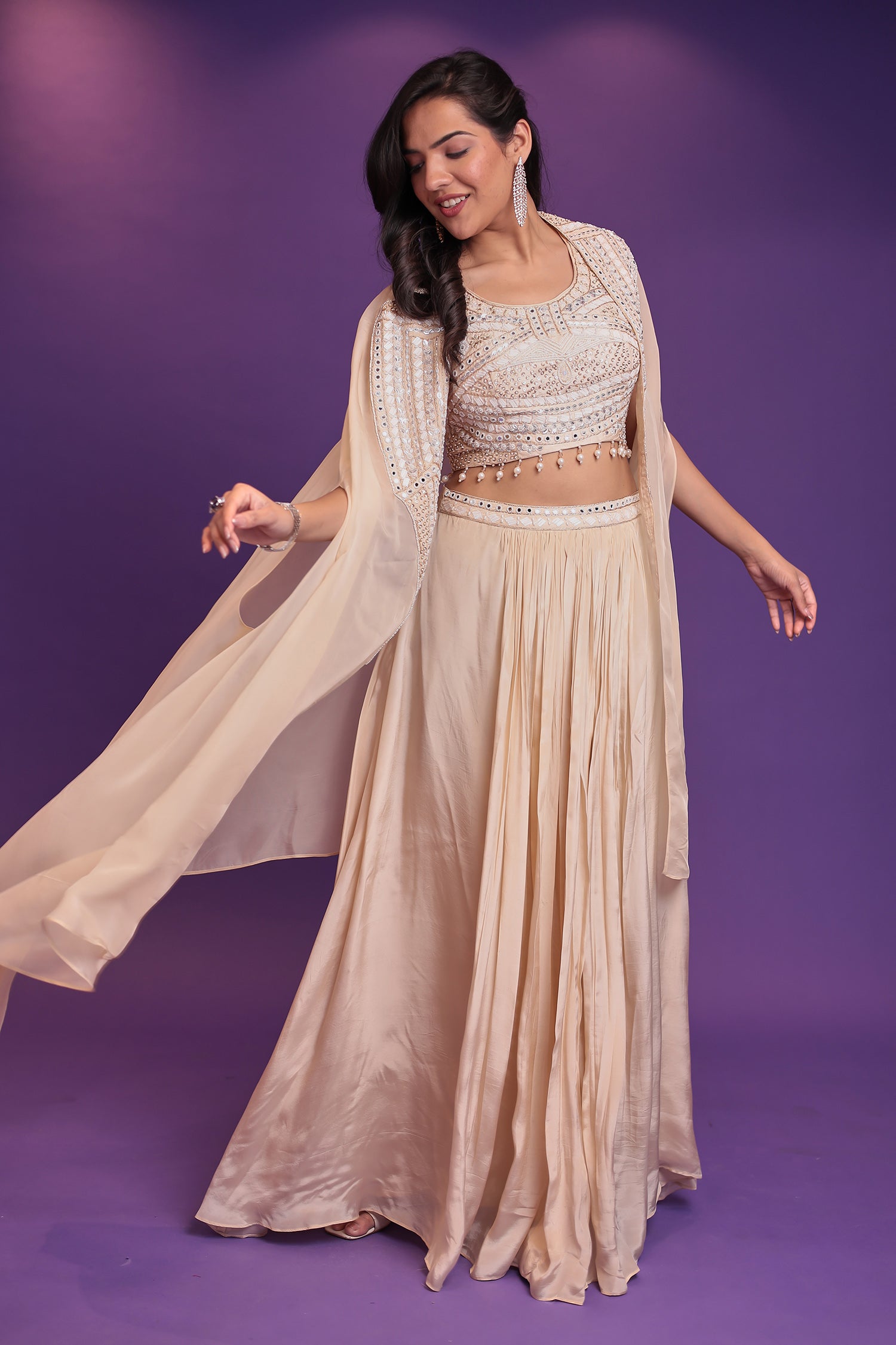 Jacket Style Silk Indo Western Embellished with Mirror, Pearl and Sequins work