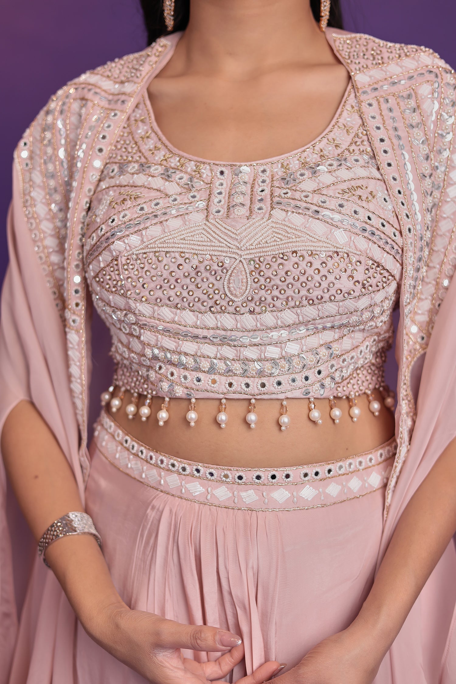 Jacket Style Silk Indo Western Embellished with Mirror, Pearl and Sequins work