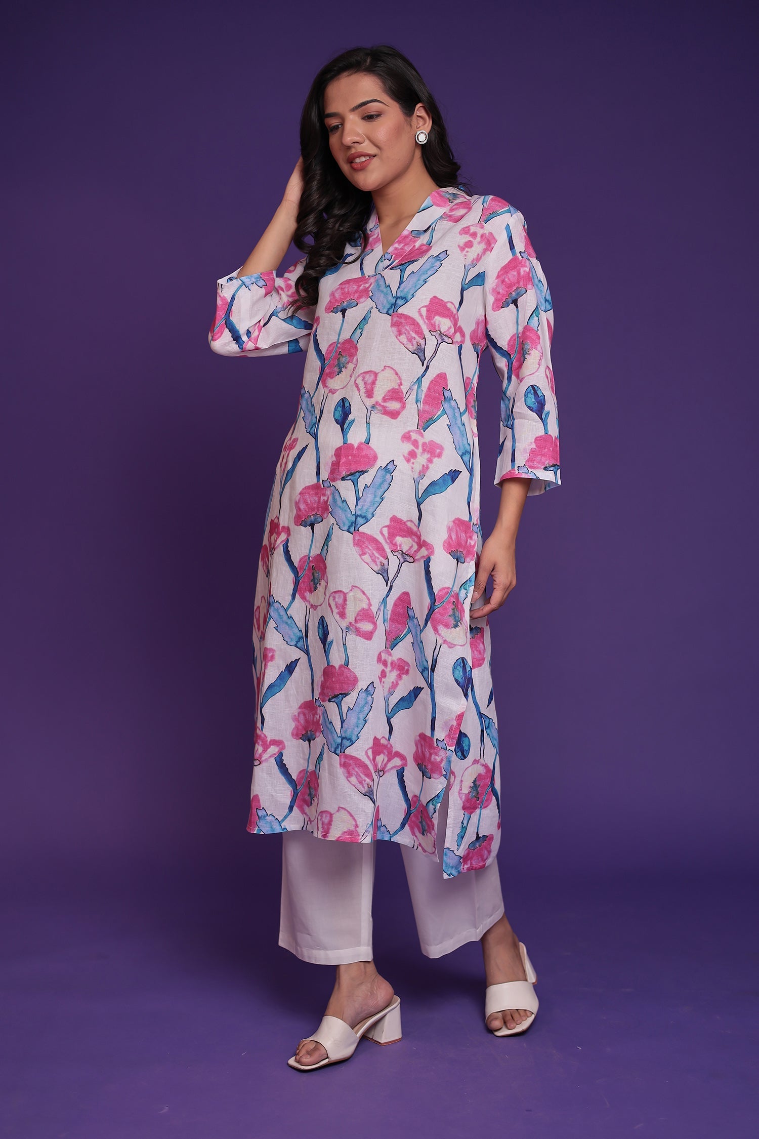 Printed Linen Kurta Set Stitched