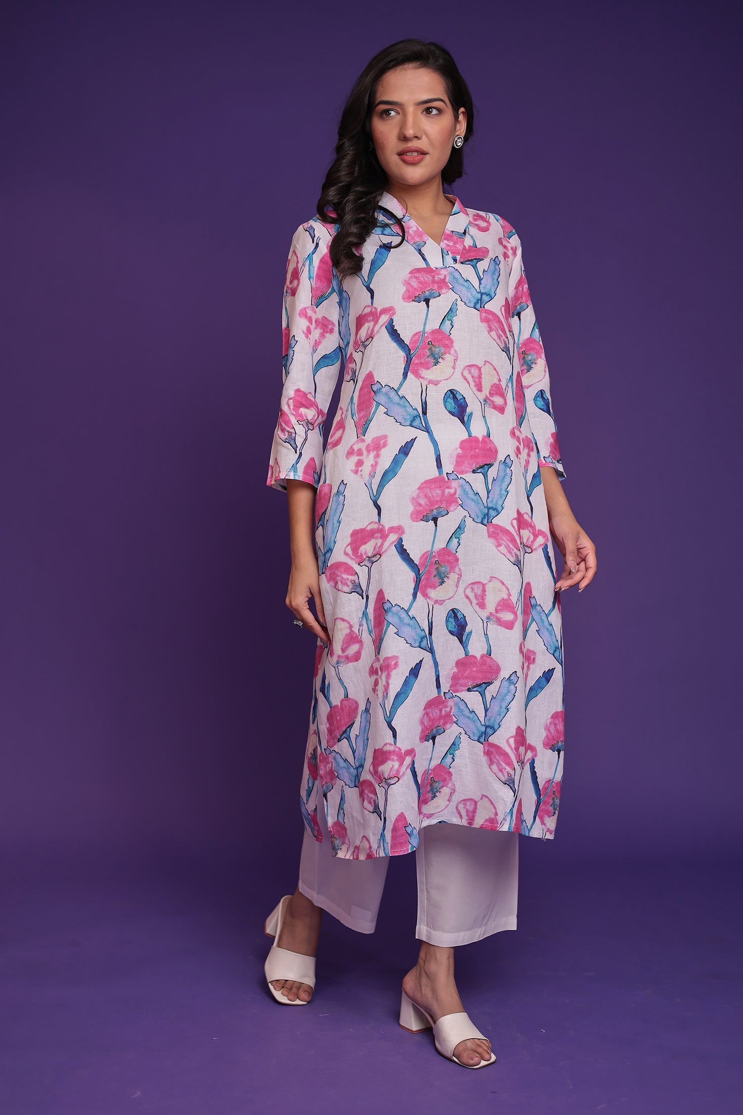 Printed Linen Kurta Set Stitched