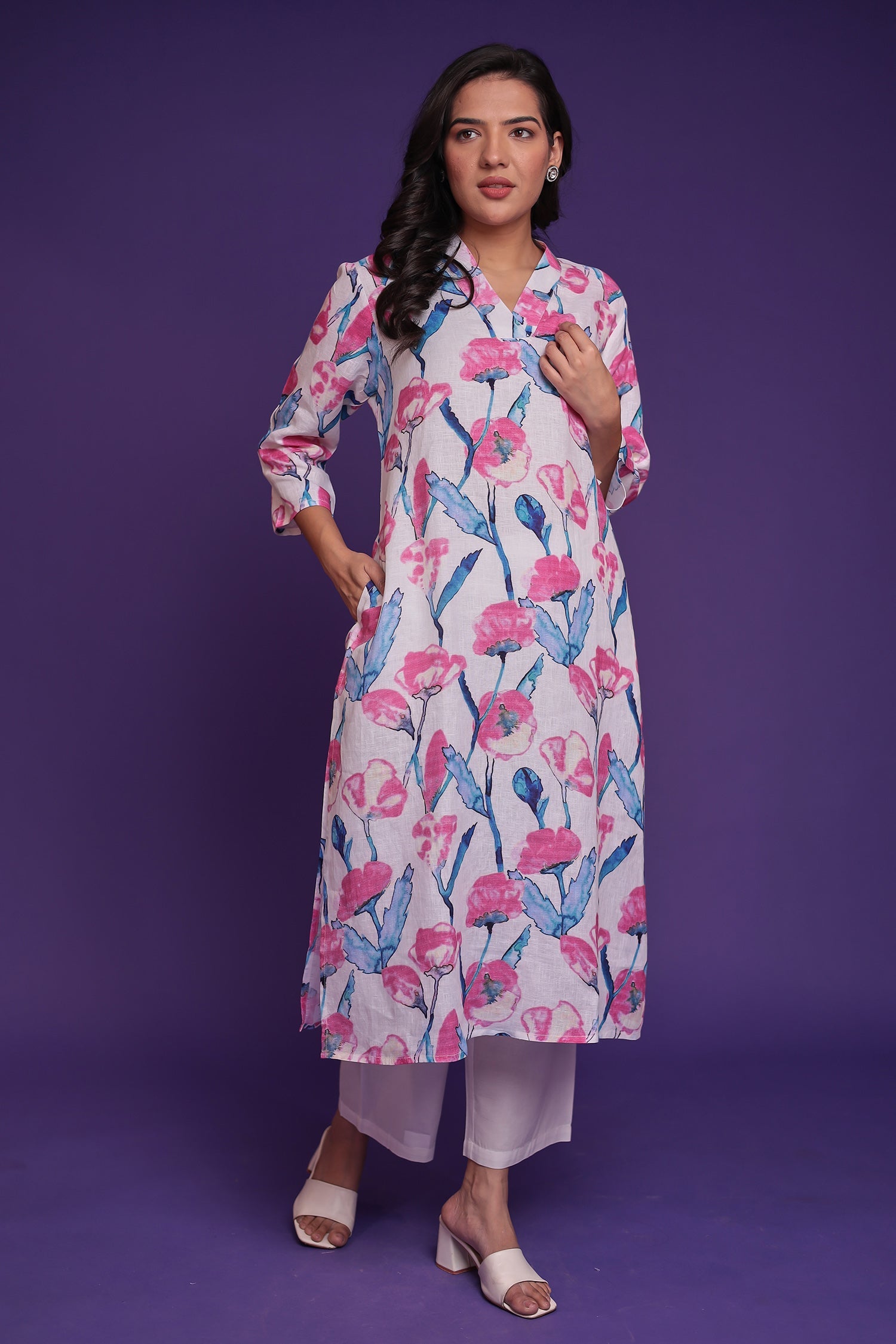Printed Linen Kurta Set Stitched