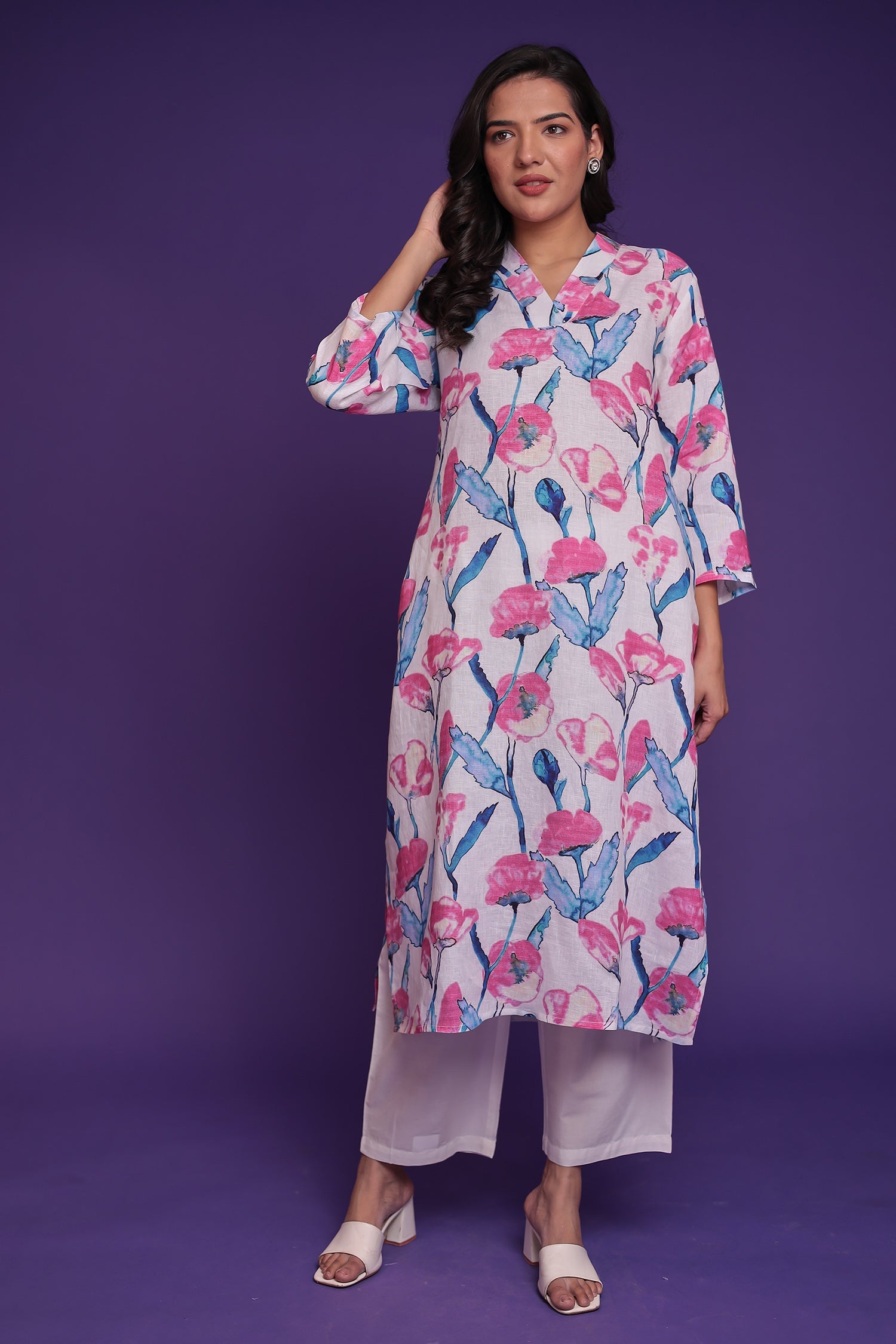 Printed Linen Kurta Set Stitched