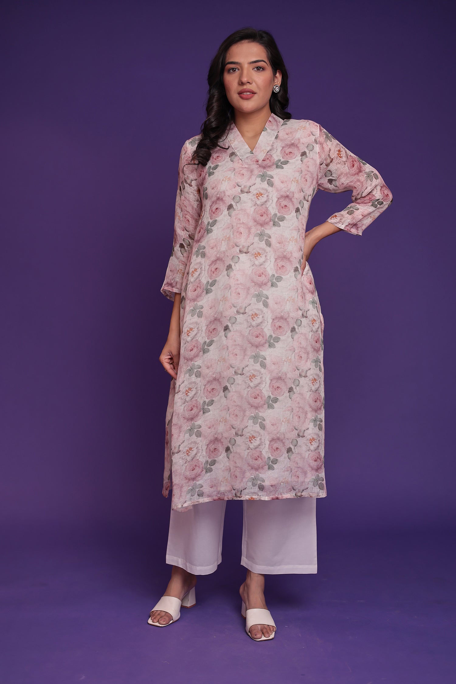 Printed Linen Kurta Set Stitched