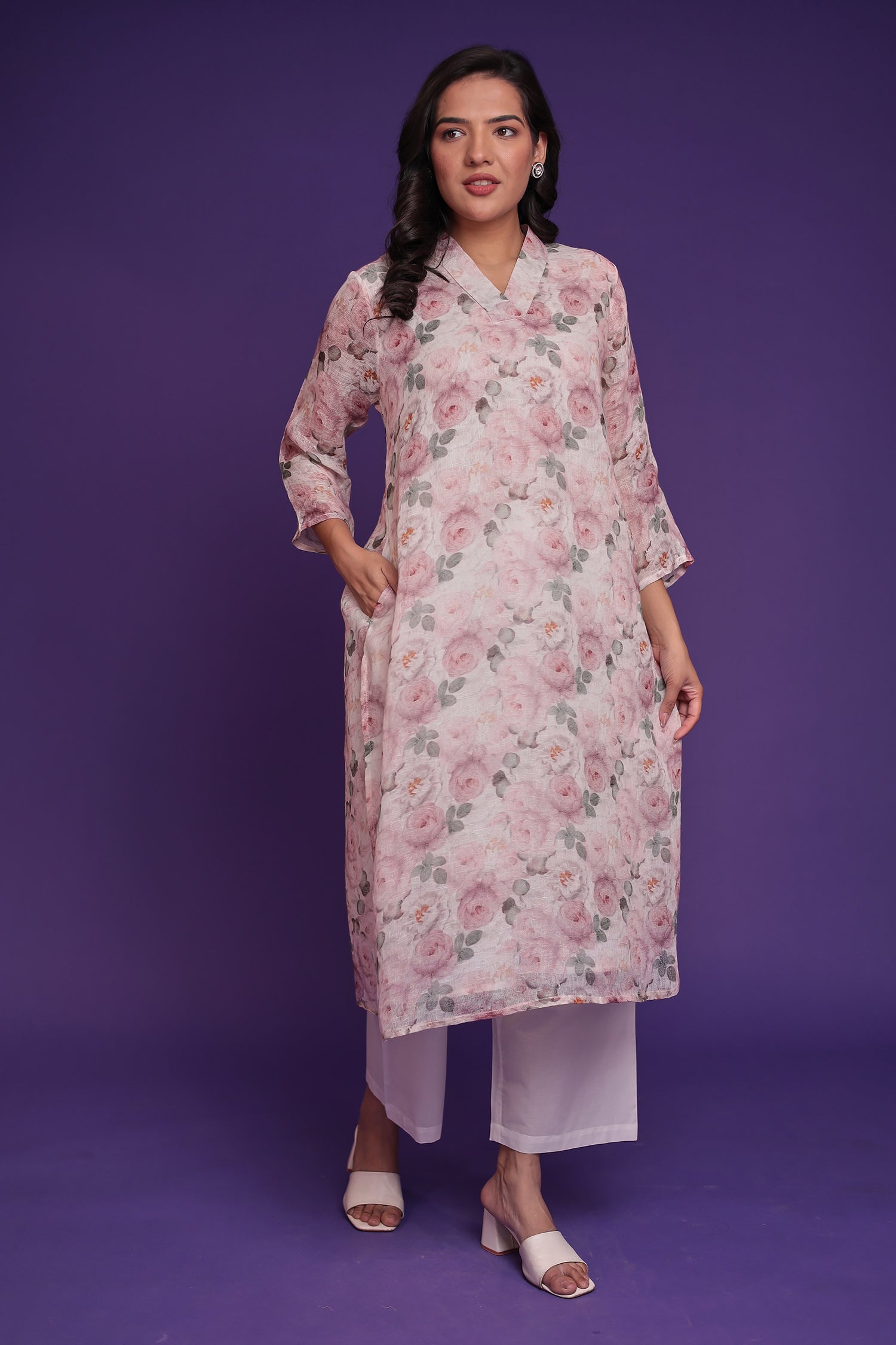 Printed Linen Kurta Set Stitched