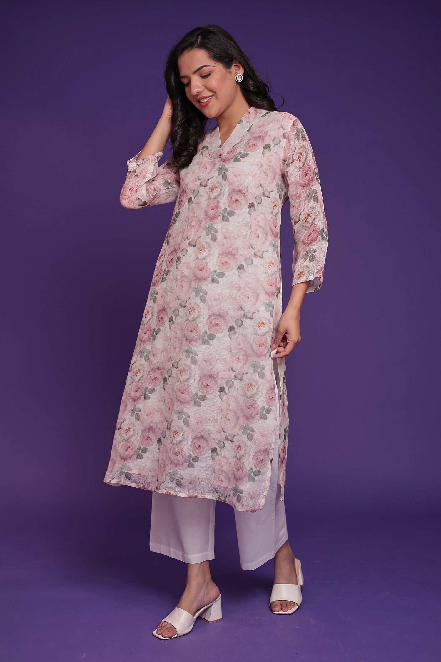 Printed Linen Kurta Set Stitched