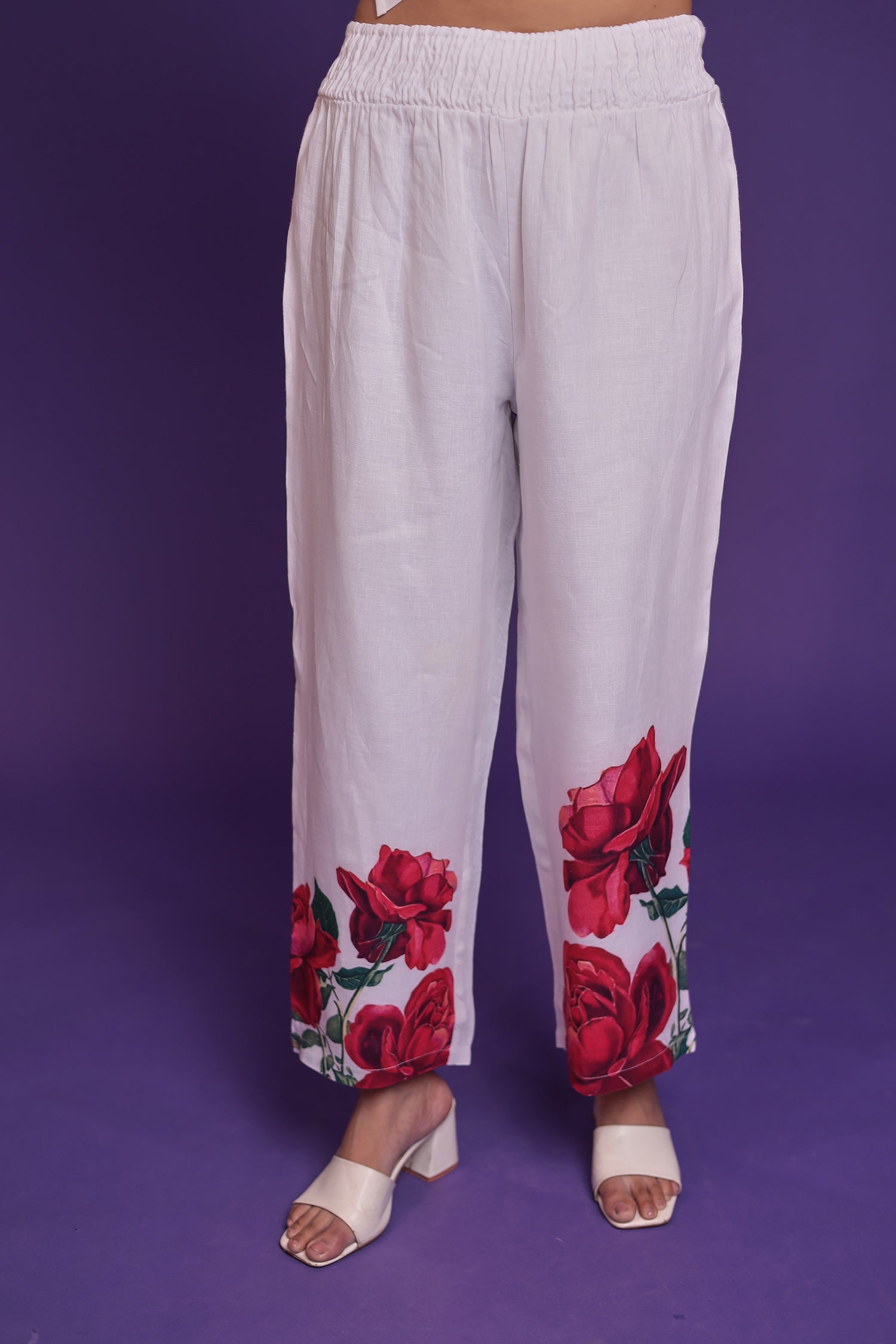 Floral Print Pure Linen Kurta Set with Asymmterical cut