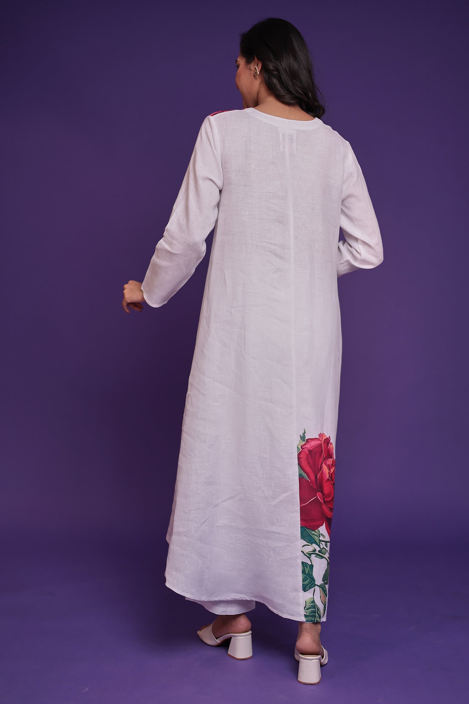 Floral Print Pure Linen Kurta Set with Asymmterical cut