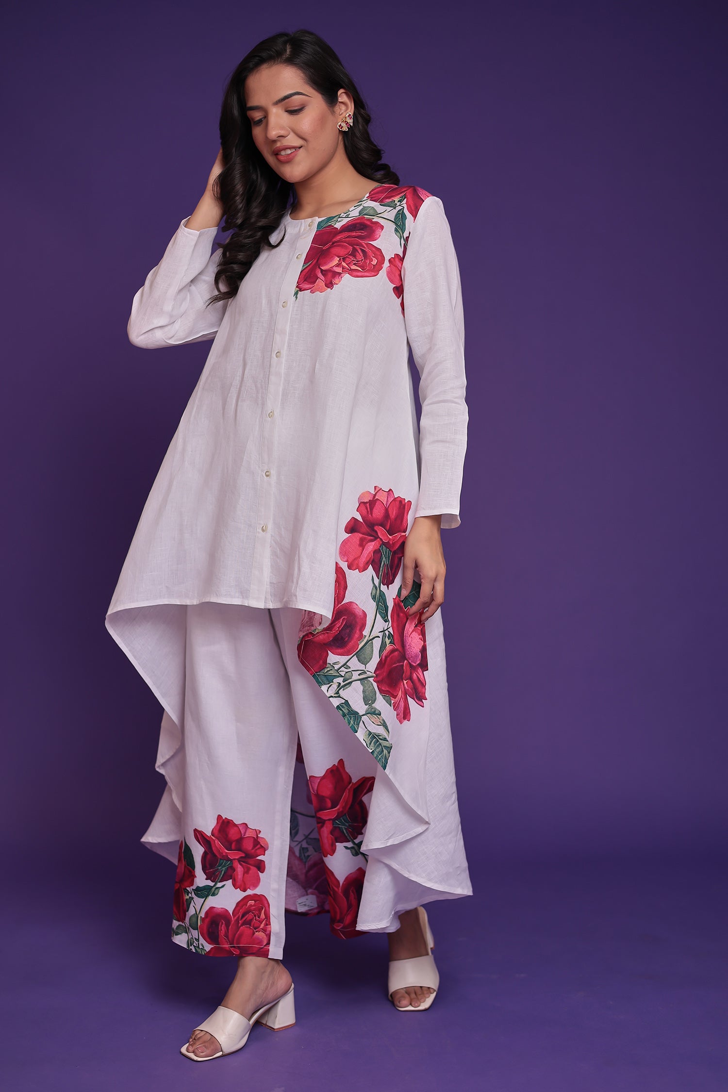 Floral Print Pure Linen Kurta Set with Asymmterical cut