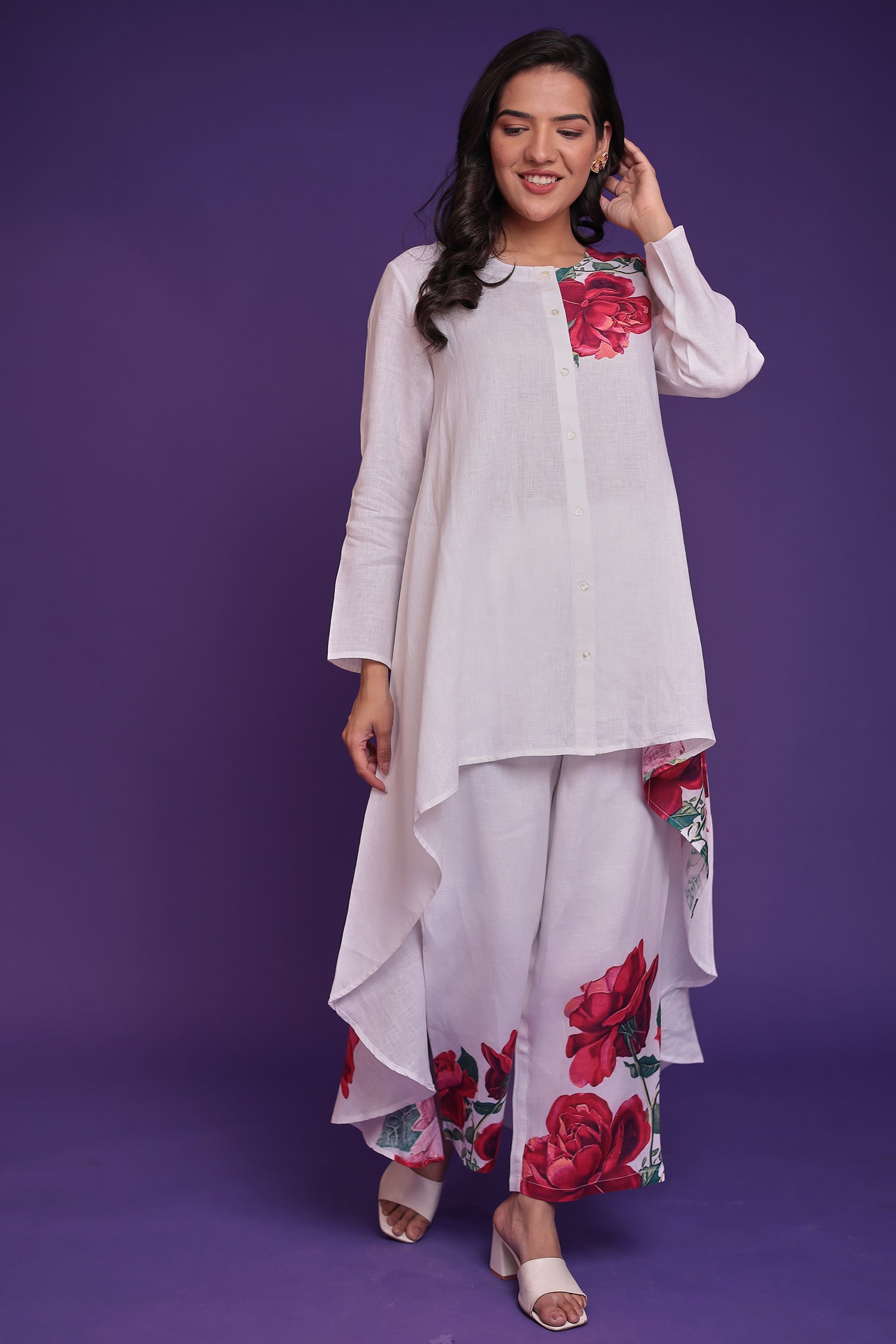 Floral Print Pure Linen Kurta Set with Asymmterical cut