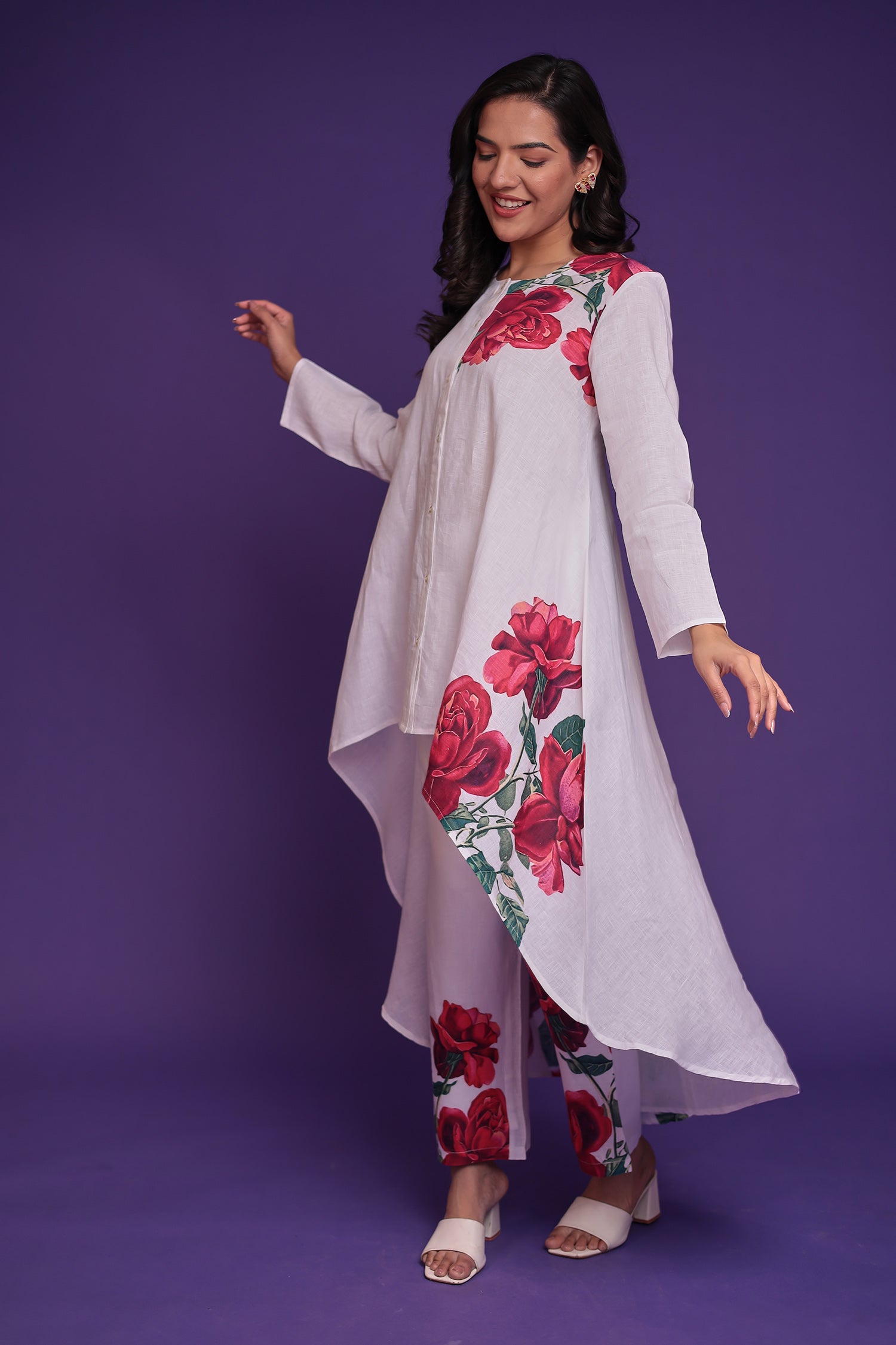 Floral Print Pure Linen Kurta Set with Asymmterical cut