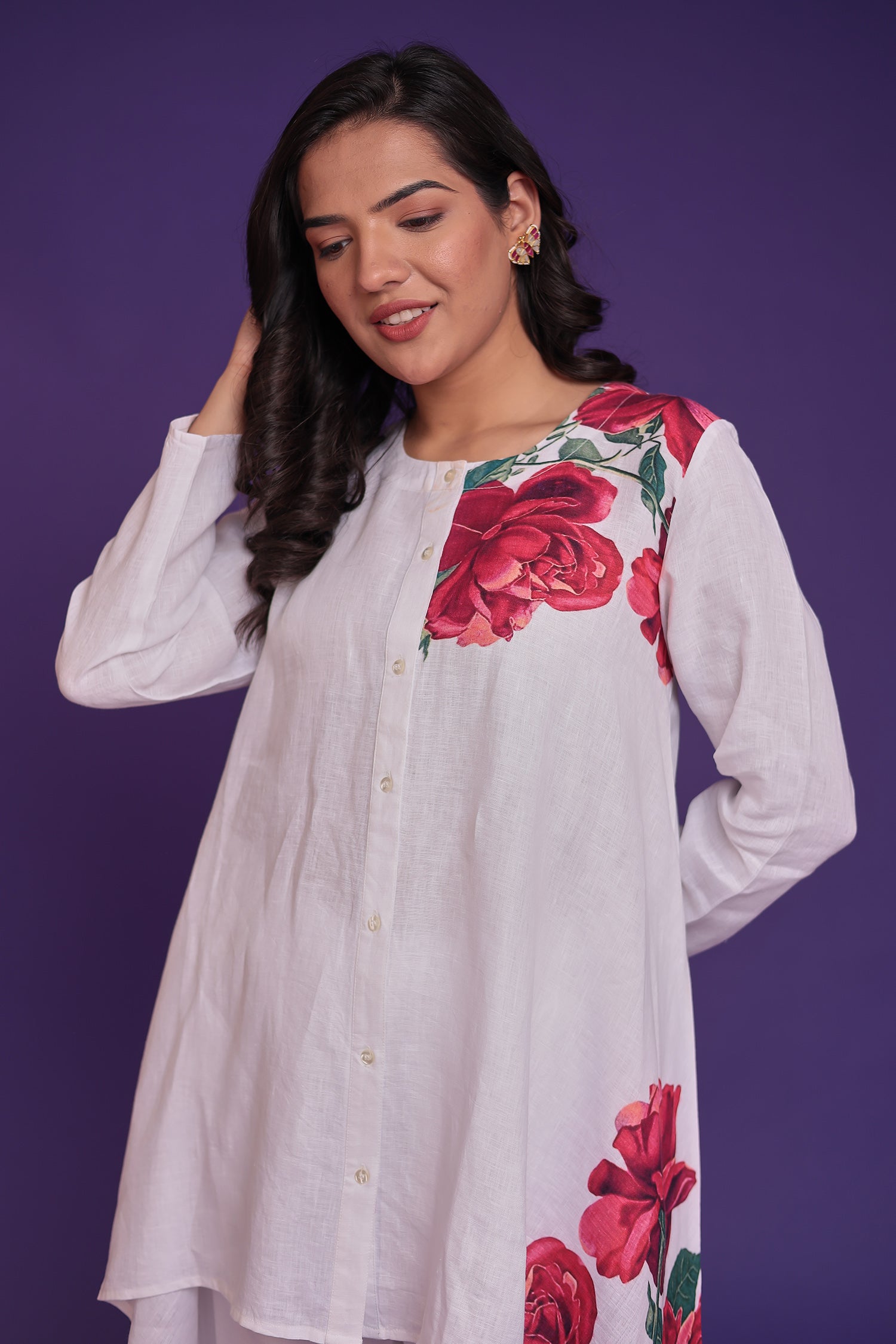 Floral Print Pure Linen Kurta Set with Asymmterical cut