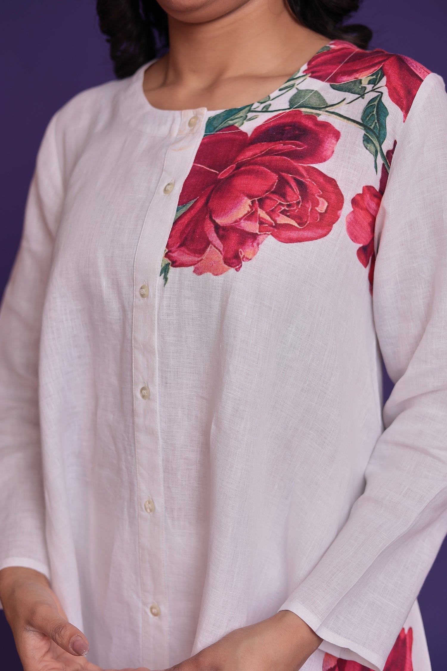 Floral Print Pure Linen Kurta Set with Asymmterical cut