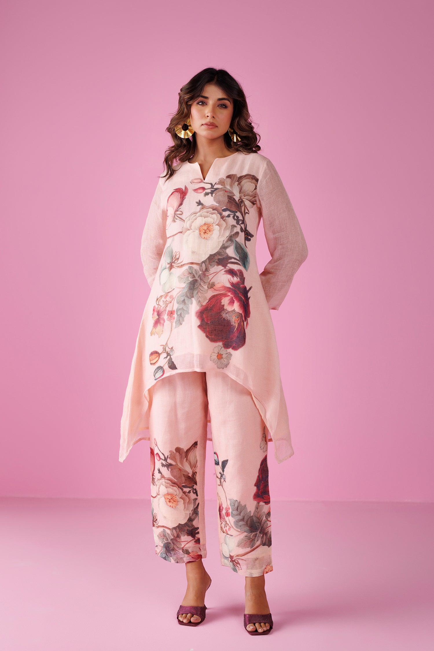 Printed Pure Linen Kurta Set Stitched with Asymmetrical cut