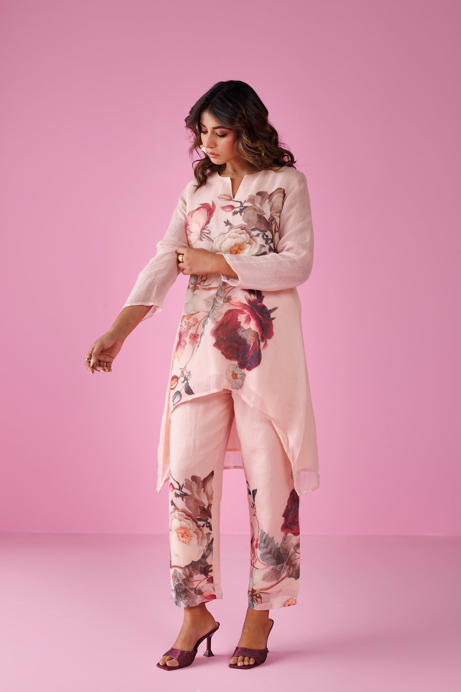 Printed Pure Linen Kurta Set Stitched with Asymmetrical cut