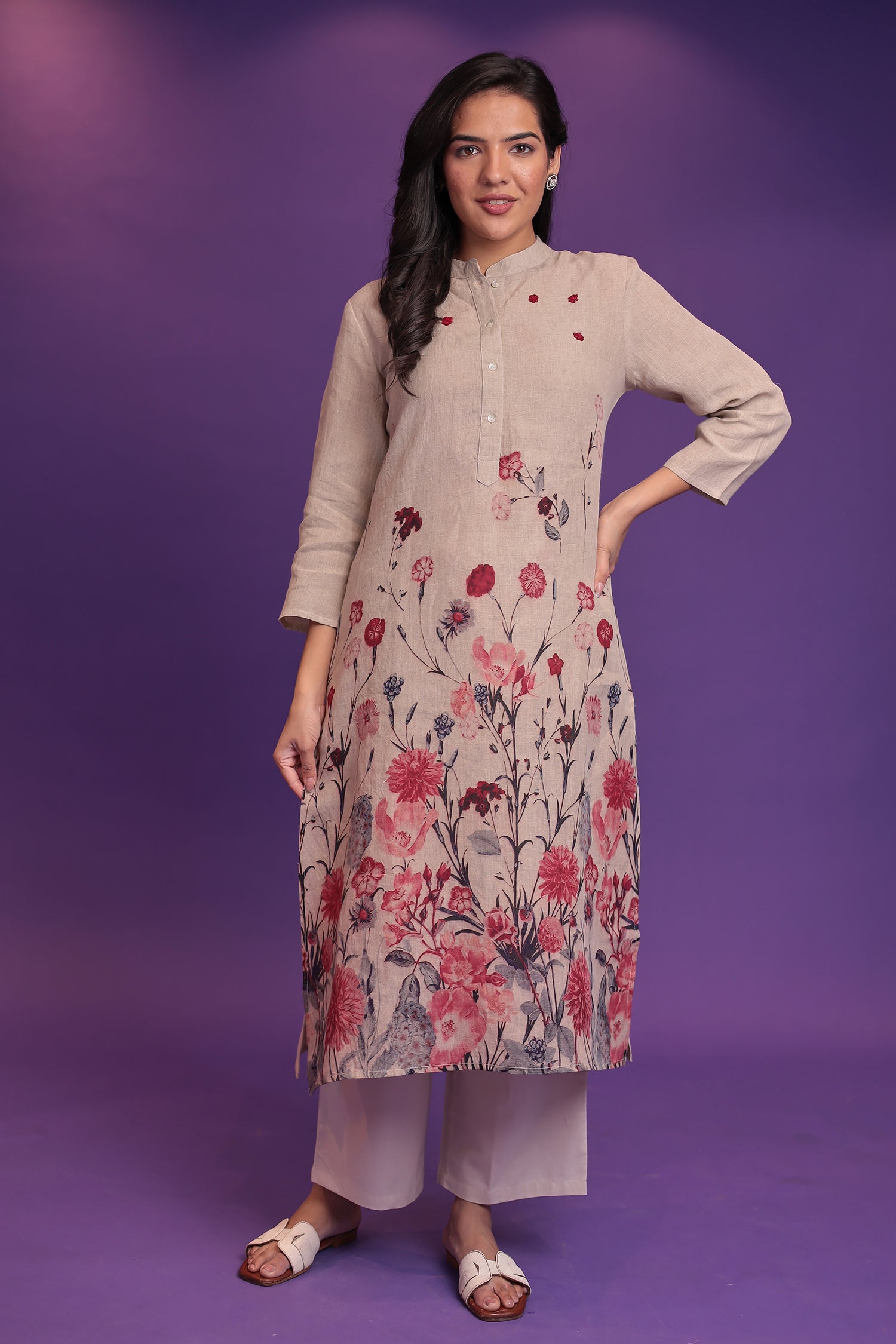 Printed Linen Kurta Set Stitched  with Thread work
